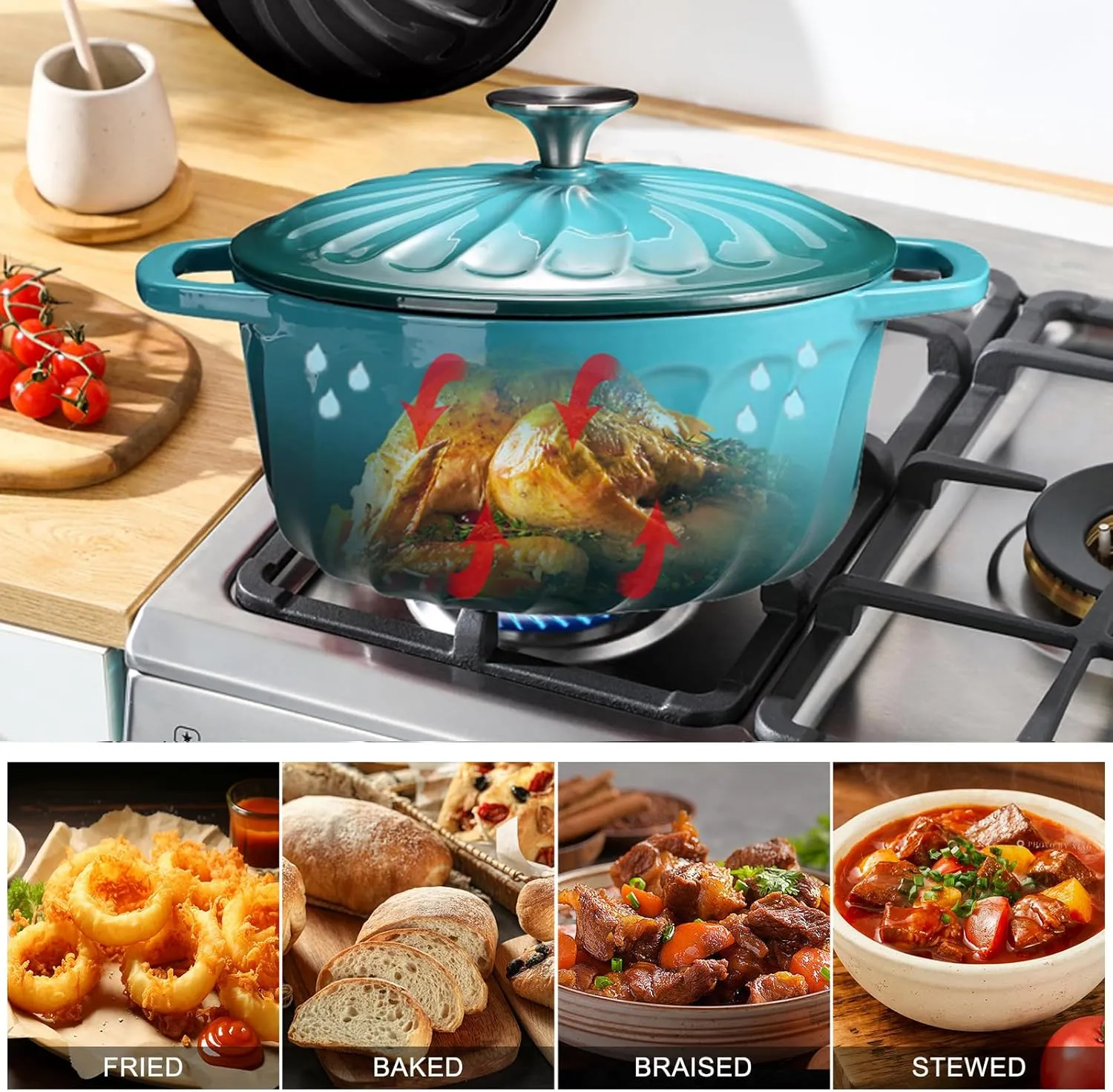 Enameled Dutch Oven with Lid,Cast Iron Dutch Oven Pot,Dual Handles for Bread Baking, Cook, Bake, Refrigerate Safe across All Cooktops(BlueGreen,3 QT)
