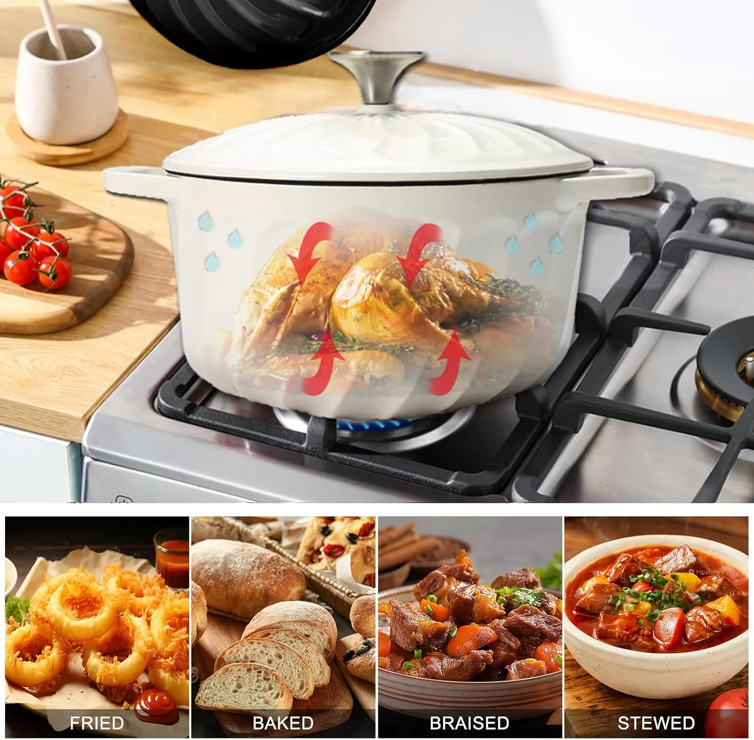 Enameled Dutch Oven with Lid,Cast Iron Dutch Oven Pot,Dual Handles for Bread Baking, Cook, Bake, Refrigerate Safe across All Cooktops(White,3 QT)