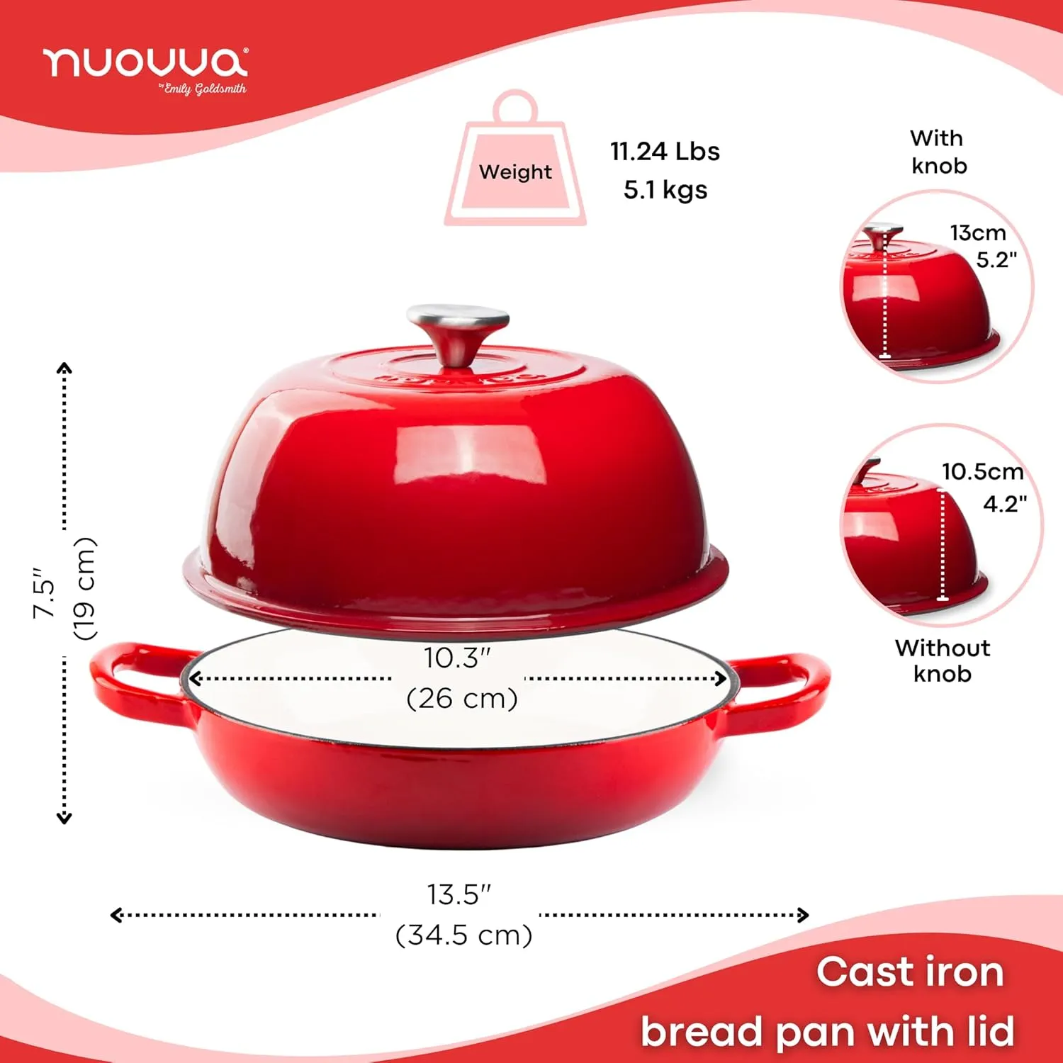Enamelled Cast Iron Dutch Oven Pot – Dutch Oven For Sourdough Bread Baking – Cast Iron Bread Pot – Red, 6 Quarts, 22cm – by Nuovva