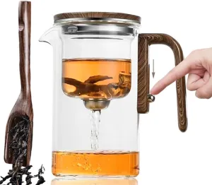 Enchanti Tea Pot, Water Separation Glass Teapot with Wooden Handle, Witchcraft Magical Teapot, Glass Tea pot with Infuser Strainer, Enchantipot Magic Tea Pot (600ml)