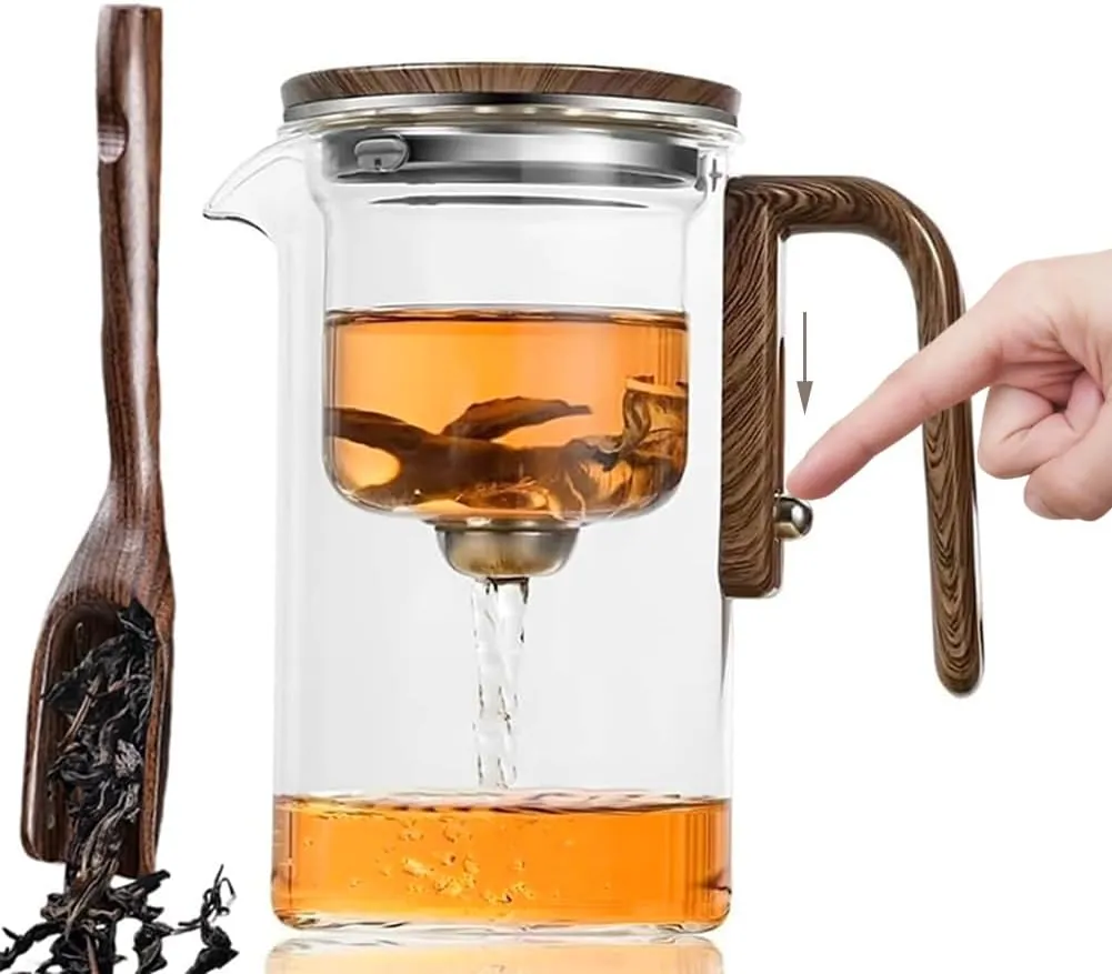 Enchanti Tea Pot, Water Separation Glass Teapot with Wooden Handle, Witchcraft Magical Teapot, Glass Tea pot with Infuser Strainer, Enchantipot Magic Tea Pot (600ml)