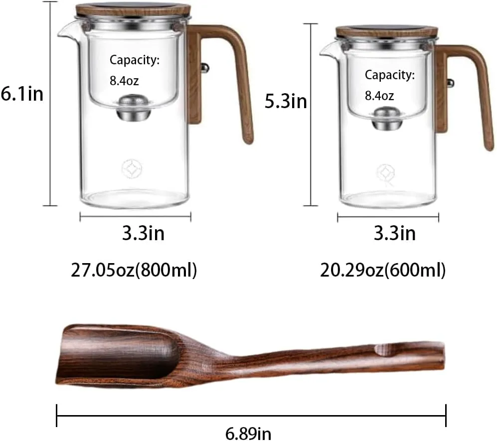 Enchanti Tea Pot, Water Separation Glass Teapot with Wooden Handle, Witchcraft Magical Teapot, Glass Tea pot with Infuser Strainer, Enchantipot Magic Tea Pot (600ml)