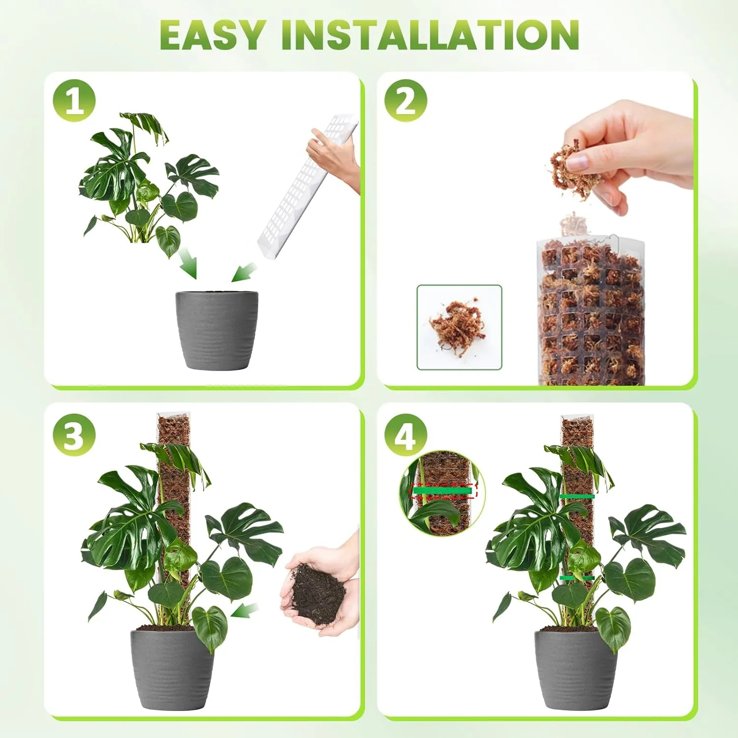 EOX 4 Pcs 48 Inch Plastic Moss Pole for Monstera, Large D Shaped Poles for Climbing Plants Work with Sphagnum Moss, 186 Inch Plant Stake Set of 4, Garden Ties