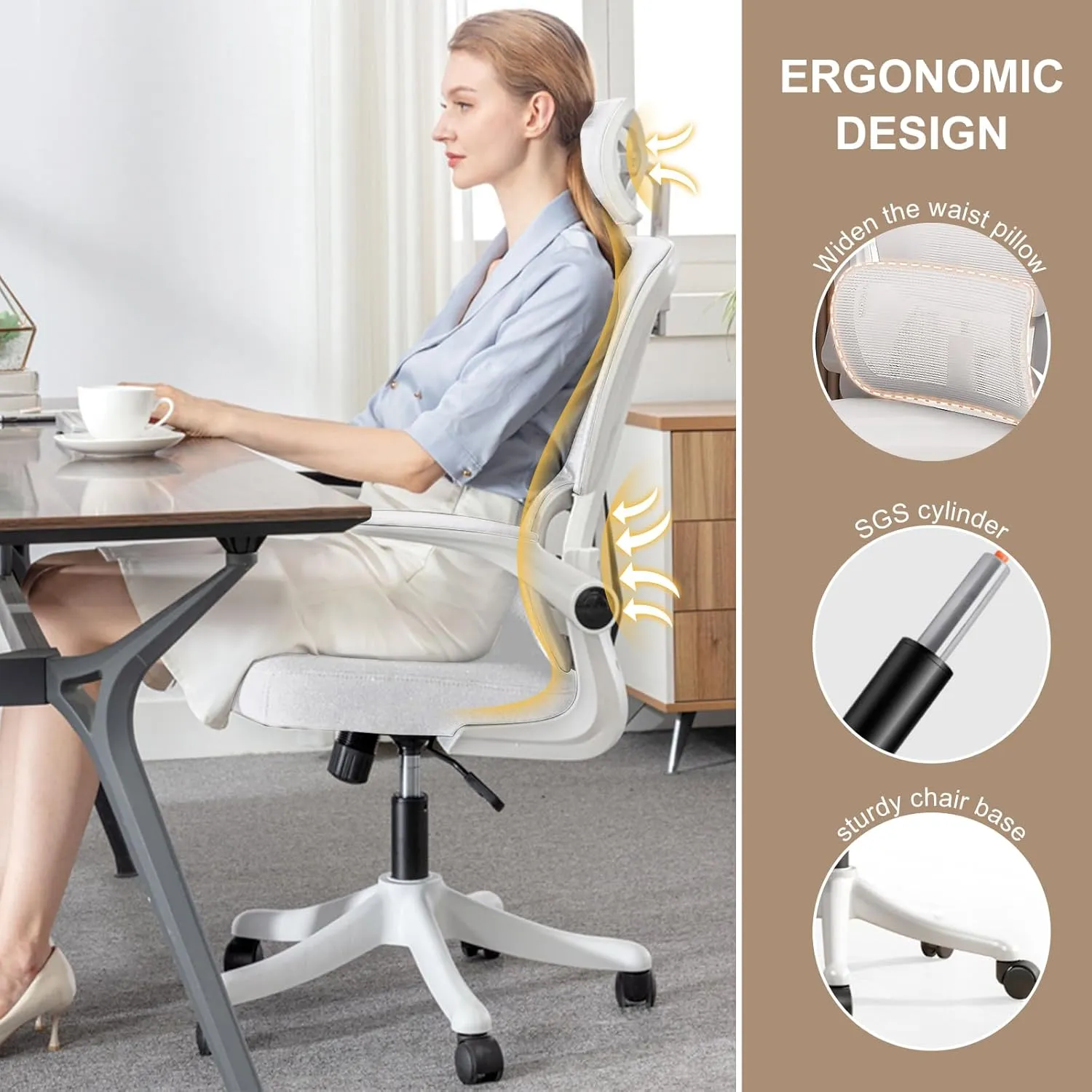 Ergonomic Office Chair Computer Desk Chairs with Flip-up Armrests and Lumbar Support, High Back Mesh Gaming Chairs Rolling Work Swivel Task Chairs with Adjustable Headrest White