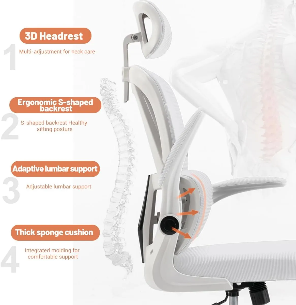 Ergonomic Office Chair Computer Desk Chairs with Flip-up Armrests and Lumbar Support, High Back Mesh Gaming Chairs Rolling Work Swivel Task Chairs with Adjustable Headrest White