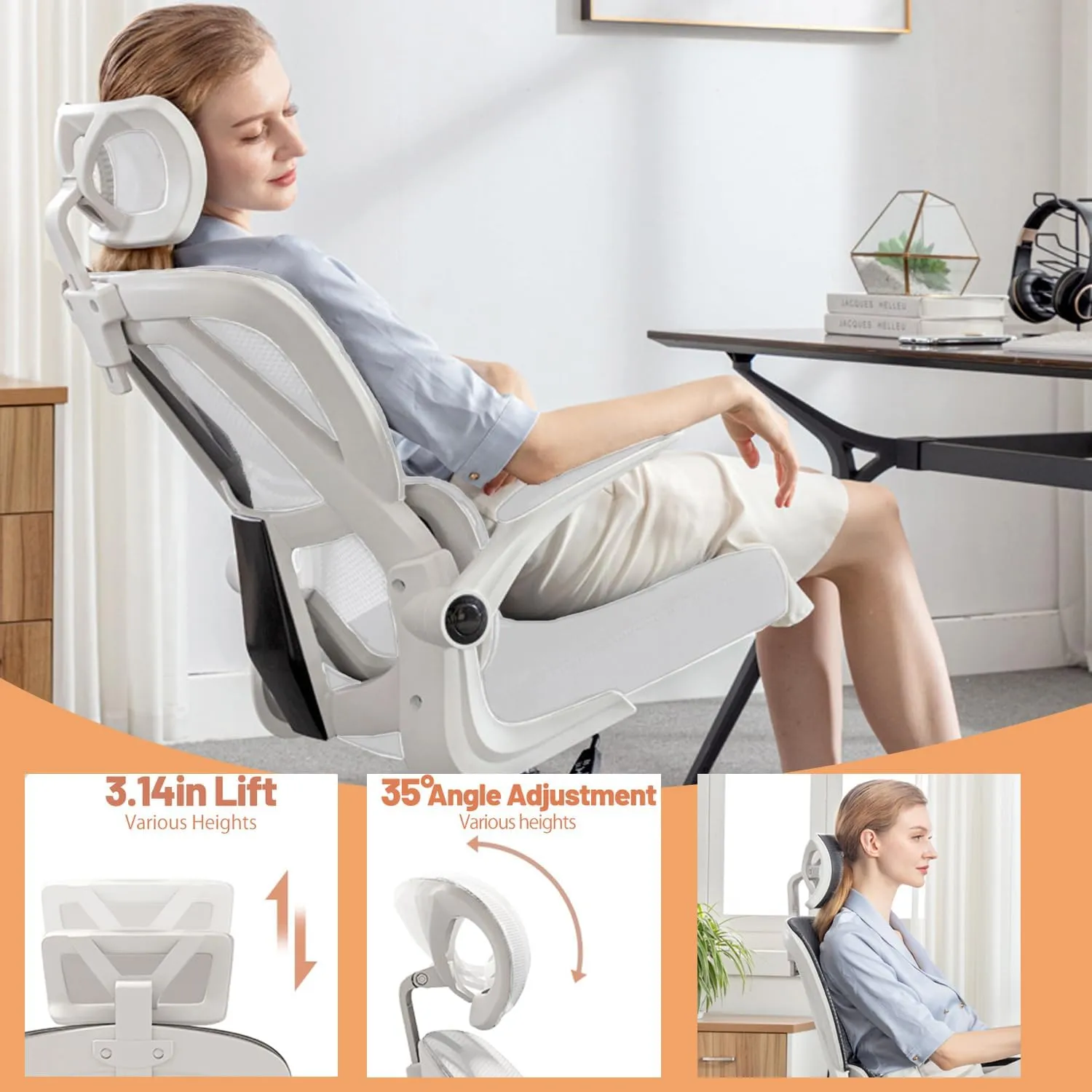 Ergonomic Office Chair Computer Desk Chairs with Flip-up Armrests and Lumbar Support, High Back Mesh Gaming Chairs Rolling Work Swivel Task Chairs with Adjustable Headrest White