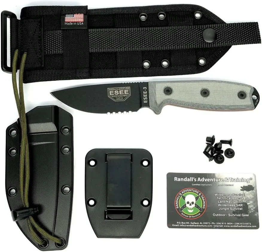 ESEE -3 Serrated Edge Black Blades with Micarta Handles and Molle Back Sheath
