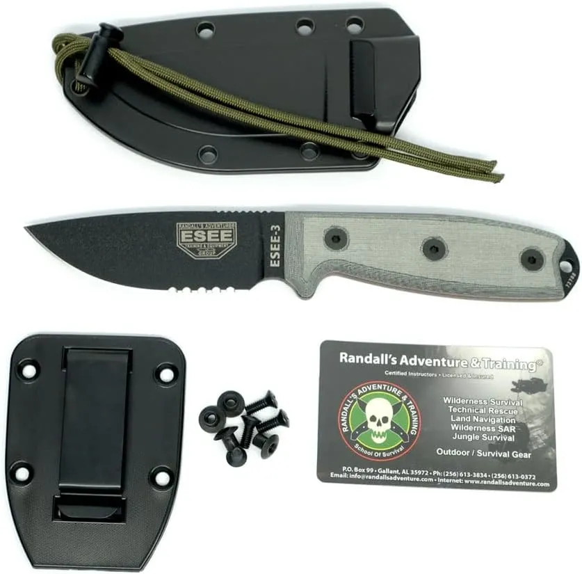 ESEE -3 Serrated Edge Modified Pommel Black Blades with Micarta Handles and Black Sheath