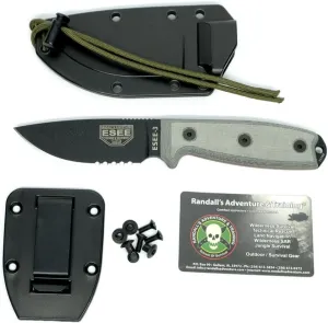 ESEE -3 Serrated Edge Modified Pommel Black Blades with Micarta Handles and Black Sheath