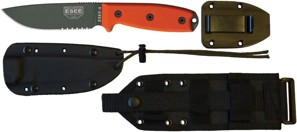 ESEE -4 Serrated Edge OD Blades with Orange G10 Handles and Black Molle Sheath