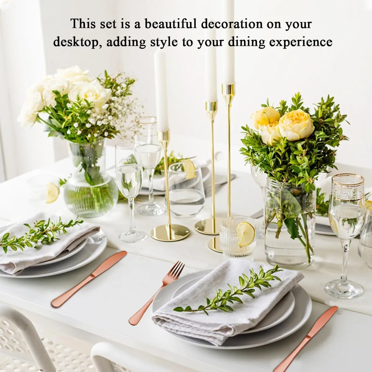 Evanda Rose Gold Dinner Knives Set - 12 Pieces Titanium Plating Stainless Steel Steak Knife Set, Table Flatware Cutlery, Butter Knife, Dishwasher Safe