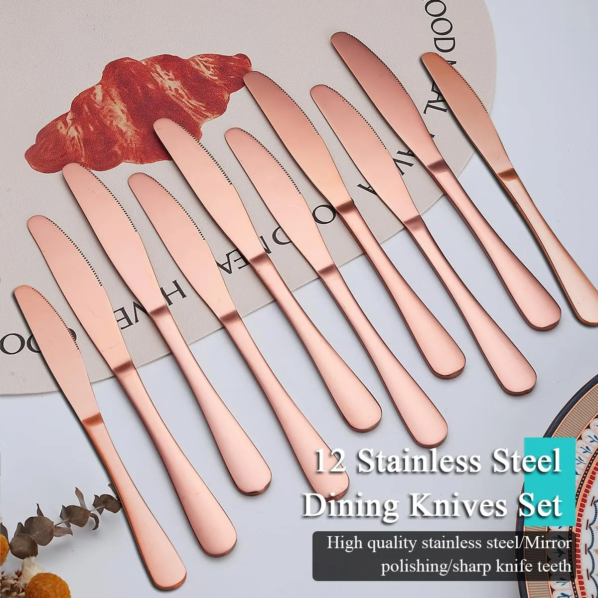Evanda Rose Gold Dinner Knives Set - 12 Pieces Titanium Plating Stainless Steel Steak Knife Set, Table Flatware Cutlery, Butter Knife, Dishwasher Safe
