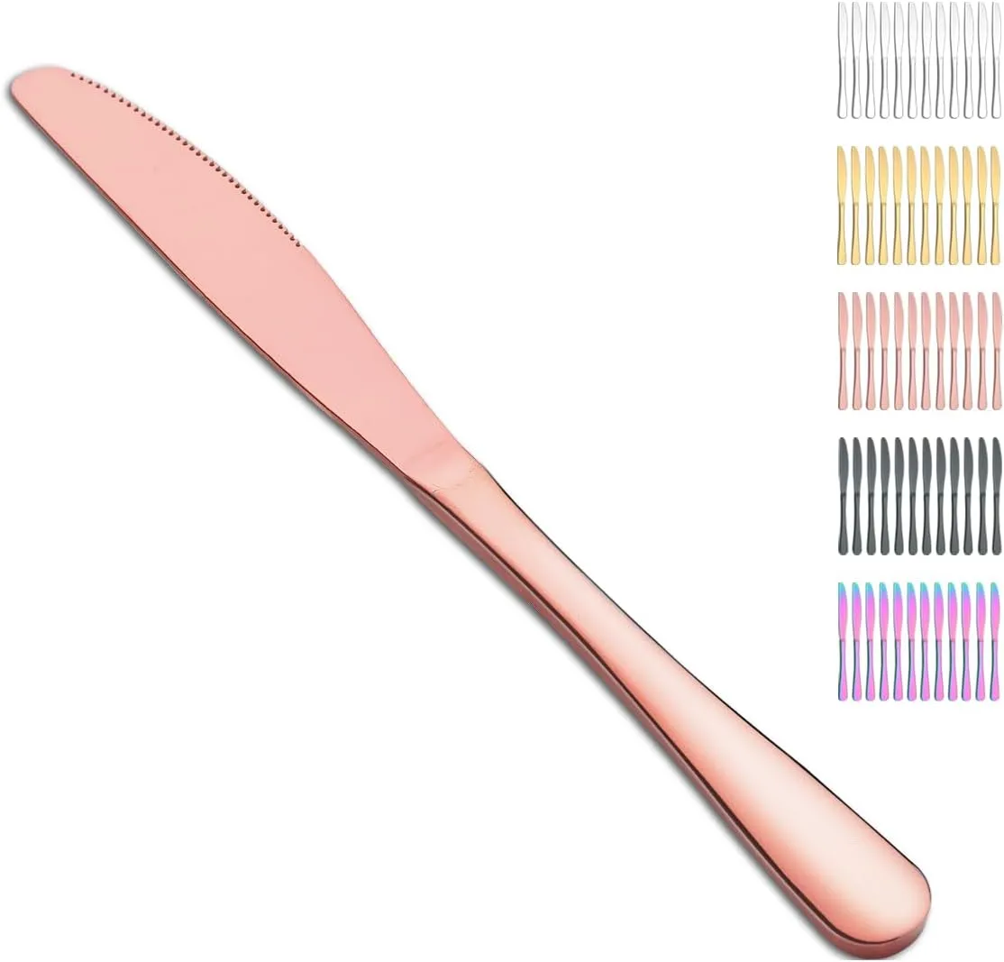 Evanda Rose Gold Dinner Knives Set - 12 Pieces Titanium Plating Stainless Steel Steak Knife Set, Table Flatware Cutlery, Butter Knife, Dishwasher Safe