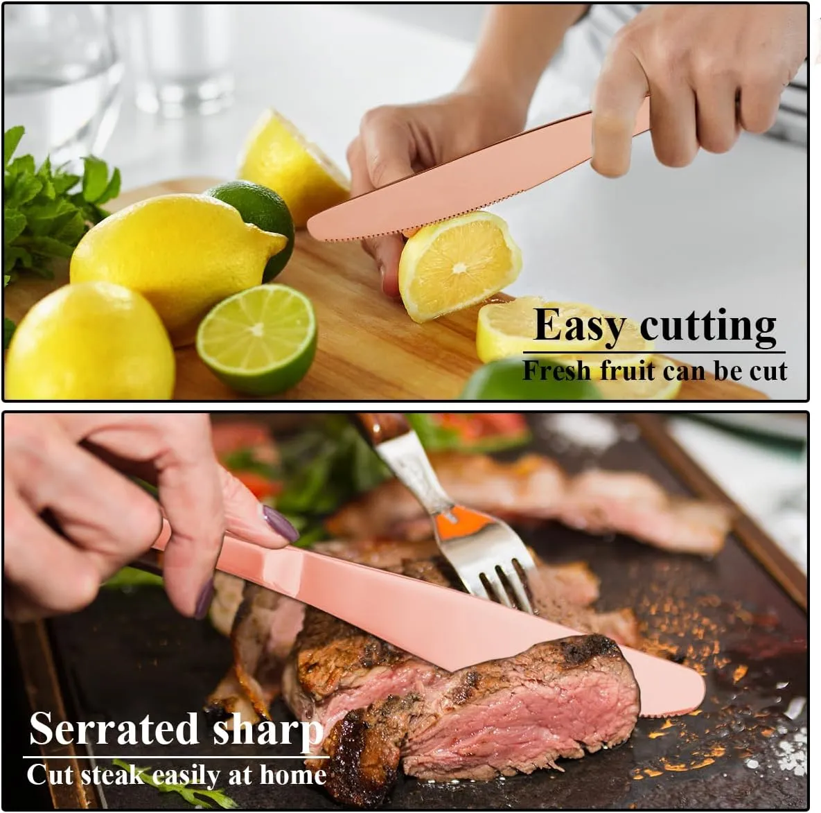 Evanda Rose Gold Dinner Knives Set - 12 Pieces Titanium Plating Stainless Steel Steak Knife Set, Table Flatware Cutlery, Butter Knife, Dishwasher Safe