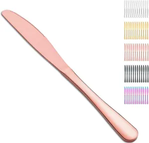 Evanda Rose Gold Dinner Knives Set - 12 Pieces Titanium Plating Stainless Steel Steak Knife Set, Table Flatware Cutlery, Butter Knife, Dishwasher Safe
