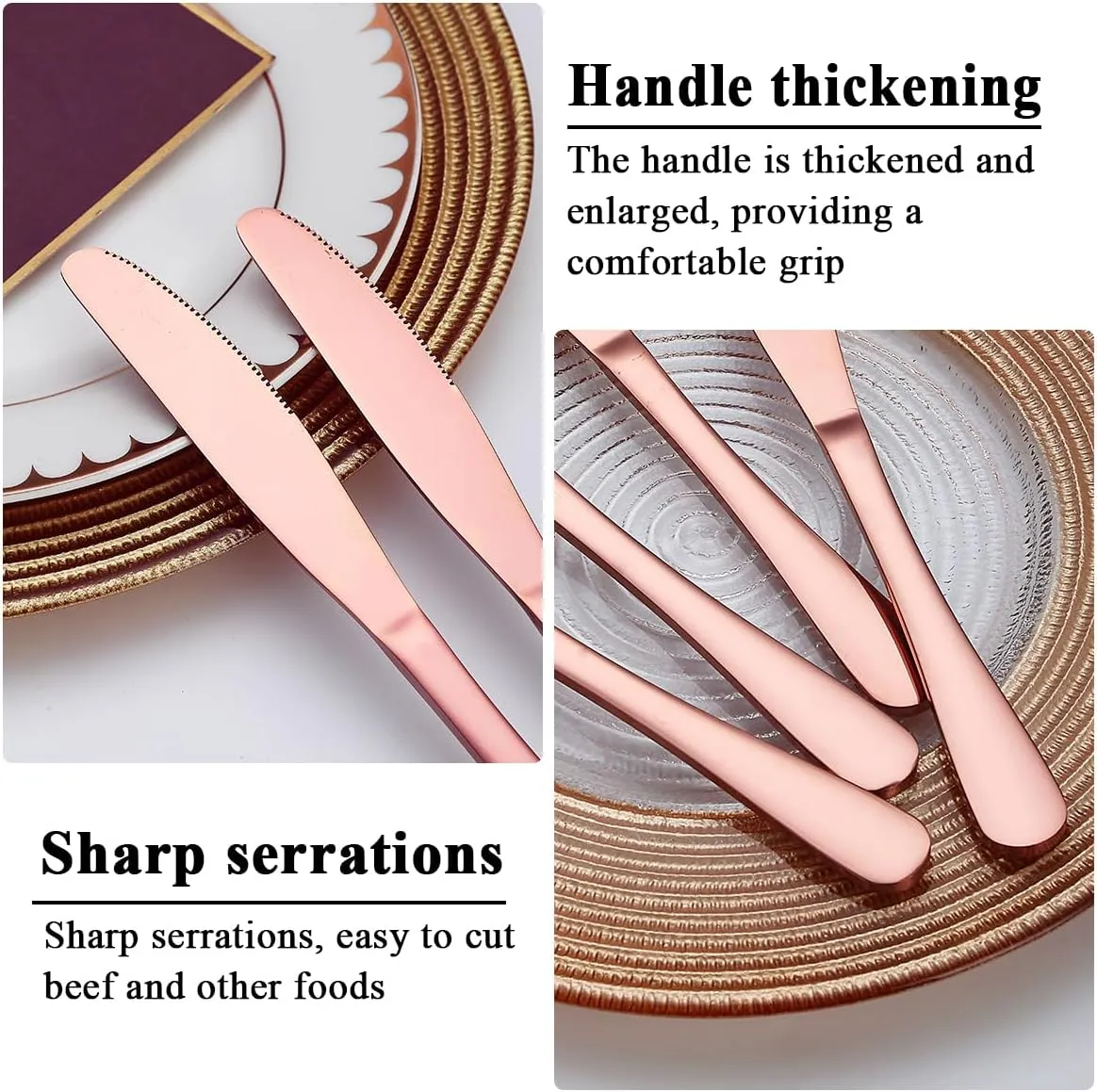 Evanda Rose Gold Dinner Knives Set - 12 Pieces Titanium Plating Stainless Steel Steak Knife Set, Table Flatware Cutlery, Butter Knife, Dishwasher Safe
