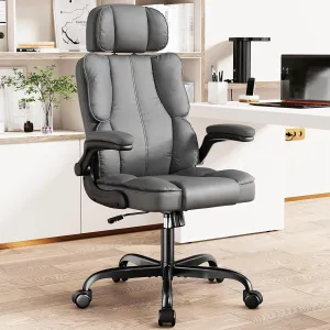 Executive Leather Office Chair, Computer Chair with Thick Cushion & Lumbar Support, Ergonomic Desk Chair with Adjustable Headrest & Armrests,Grey
