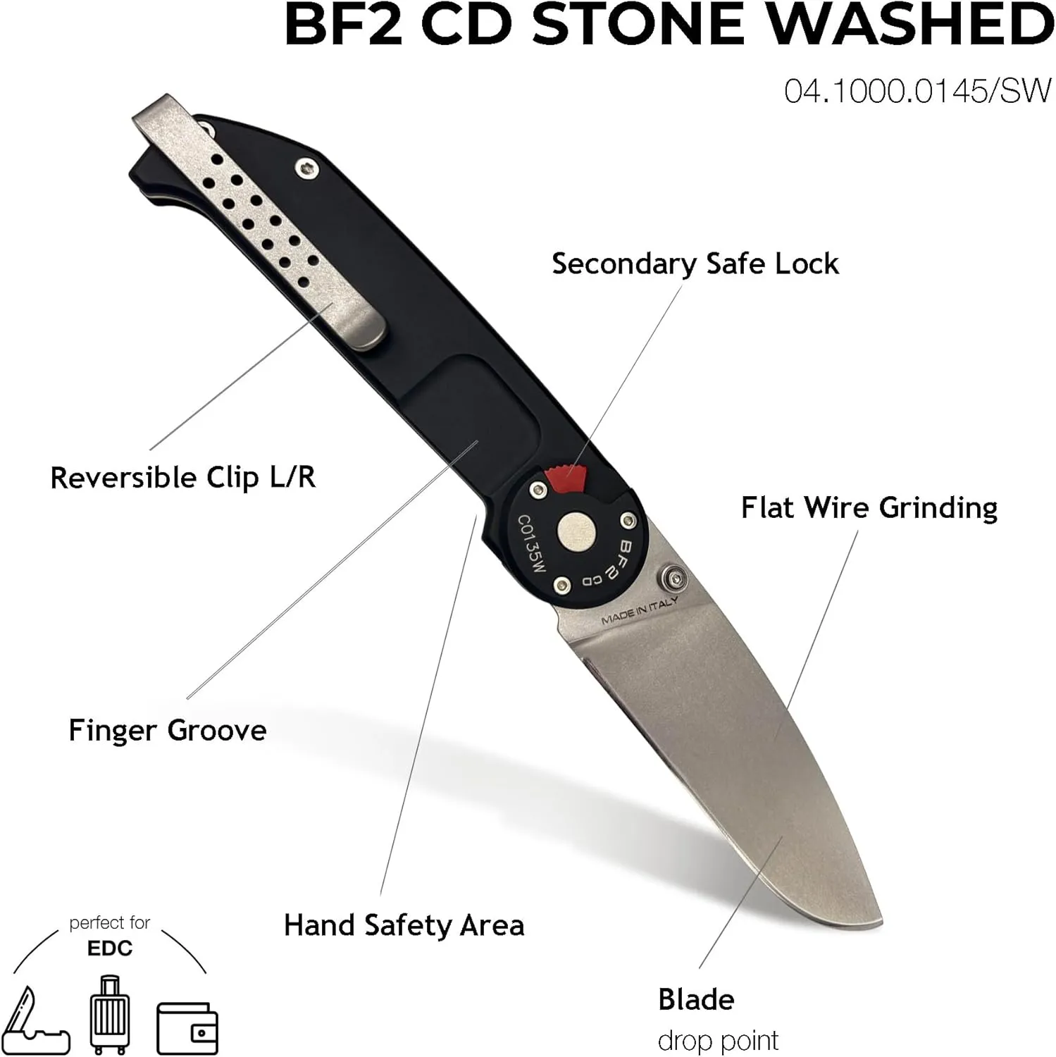 Extrema Ratio - BF2 CD (STONE WASHED), Folding Knife, Böhler N690 steel blade hardened to 58 HRC, stone-washed finish, anticorodal aluminum handle, reversible clip, Italian handcrafted precision