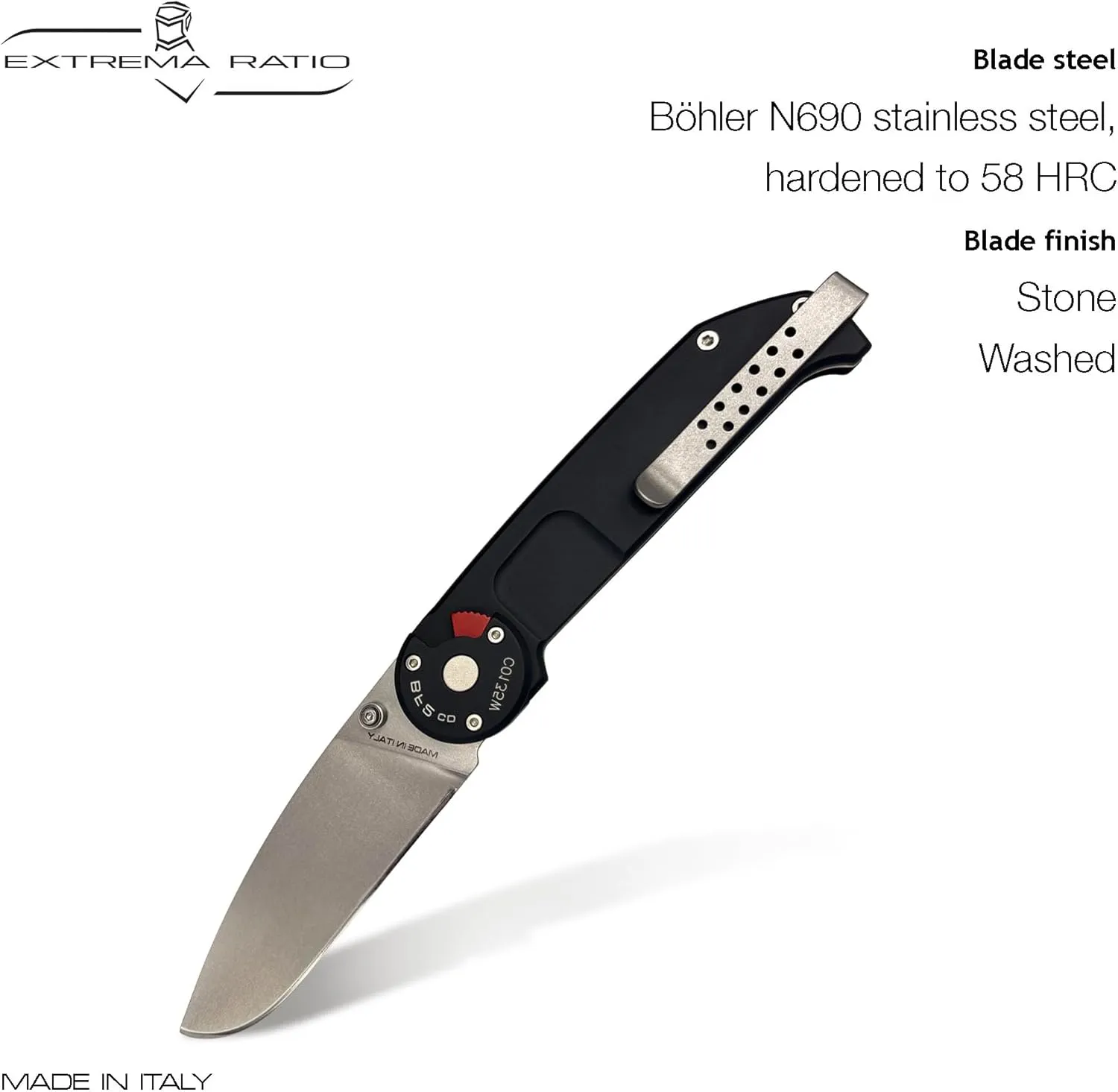 Extrema Ratio - BF2 CD (STONE WASHED), Folding Knife, Böhler N690 steel blade hardened to 58 HRC, stone-washed finish, anticorodal aluminum handle, reversible clip, Italian handcrafted precision