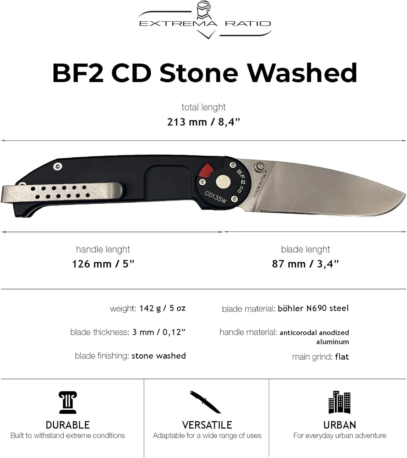 Extrema Ratio - BF2 CD (STONE WASHED), Folding Knife, Böhler N690 steel blade hardened to 58 HRC, stone-washed finish, anticorodal aluminum handle, reversible clip, Italian handcrafted precision
