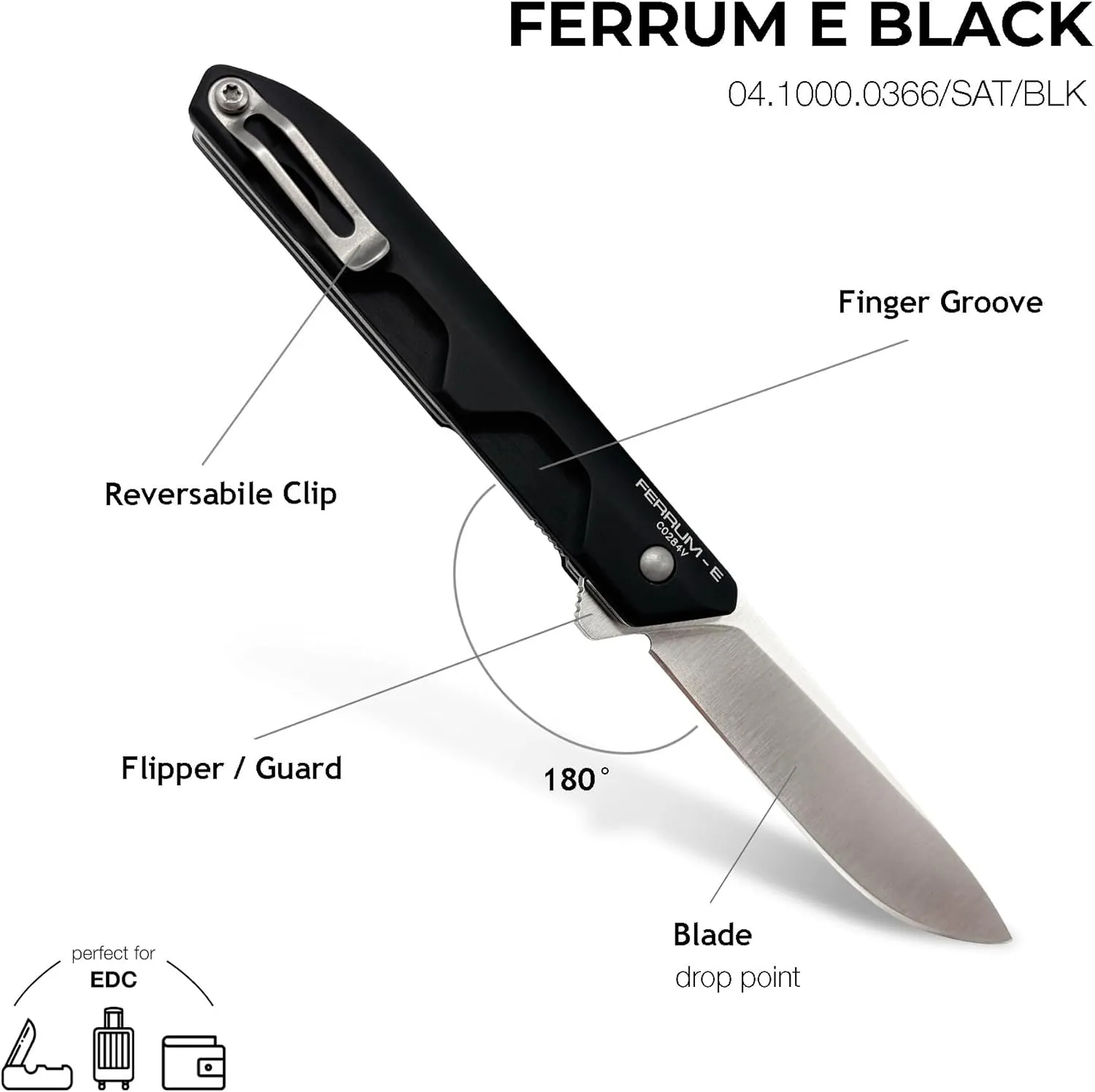 Extrema Ratio - Ferrum E (Black) Folding Knife, Böhler N690 Steel Blade 58 HRC, Black Finish, Smooth Aluminum Handle, Ergonomic Design, Compact and Durable, Italian Craftsmanship, Everyday Tool