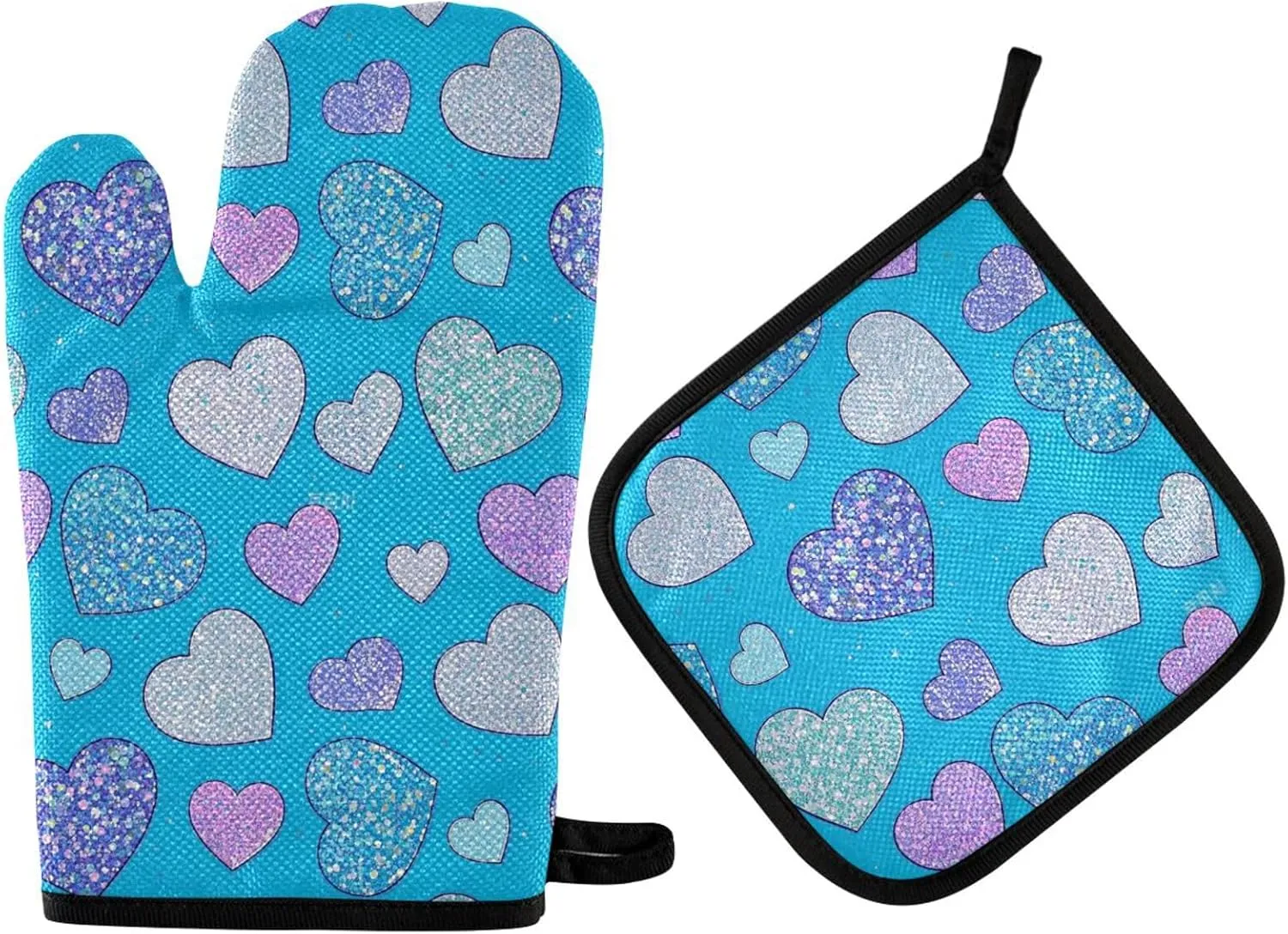 Fake Glitter Cartoon Heart Blue Mitts and Potholders Heat Insulated Bake Oven Gloves 2PCS for BBQ Baking Oven