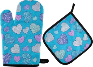 Fake Glitter Cartoon Heart Blue Mitts and Potholders Heat Insulated Bake Oven Gloves 2PCS for BBQ Baking Oven