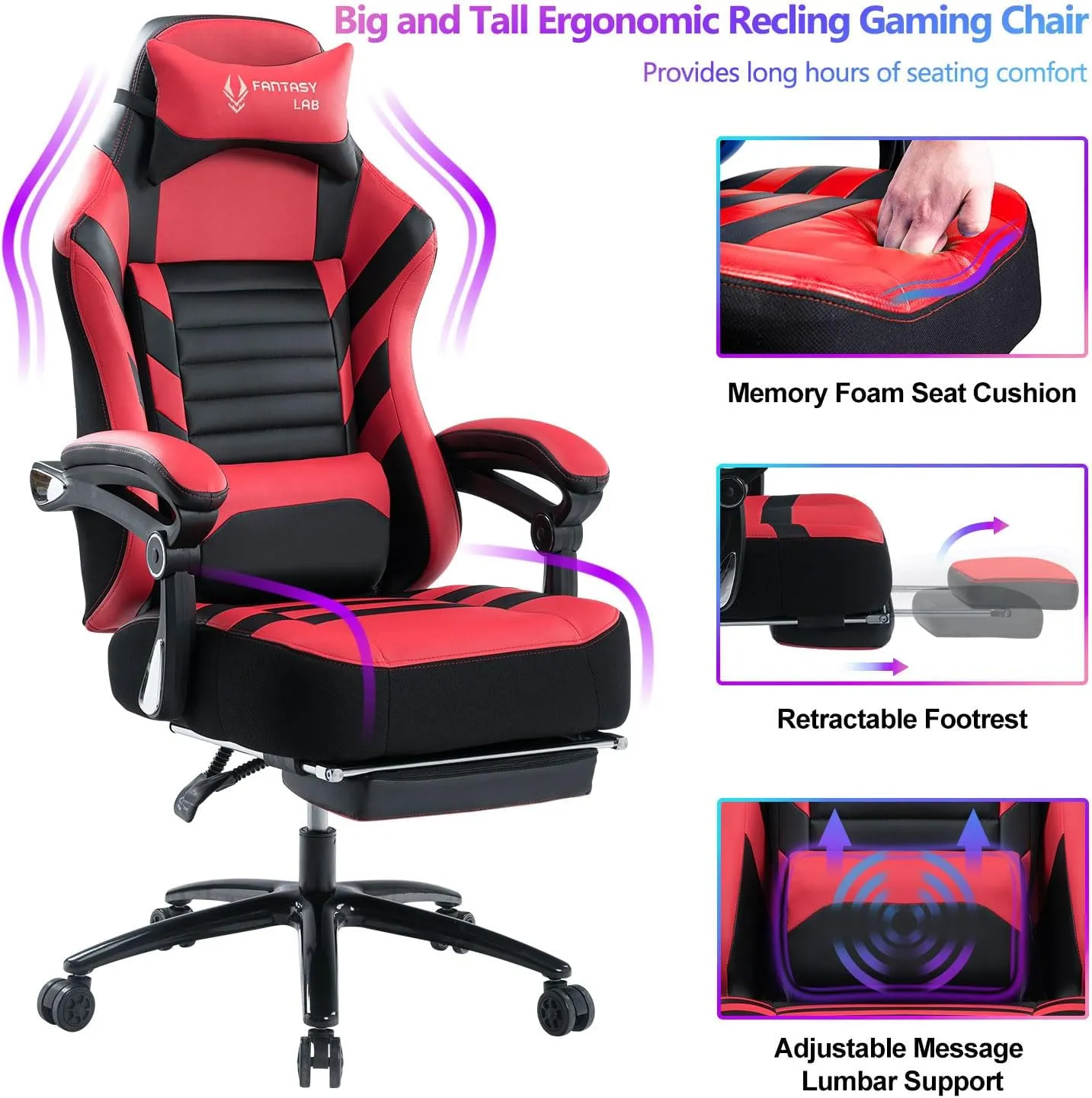 Fantasylab Big and Tall Gaming Chair with Footrest 400lbs Massage Gamer Chair with Memory Foam Adjustable Tilt Back Angle & Armrest, High Back Leather Computer Office Chair