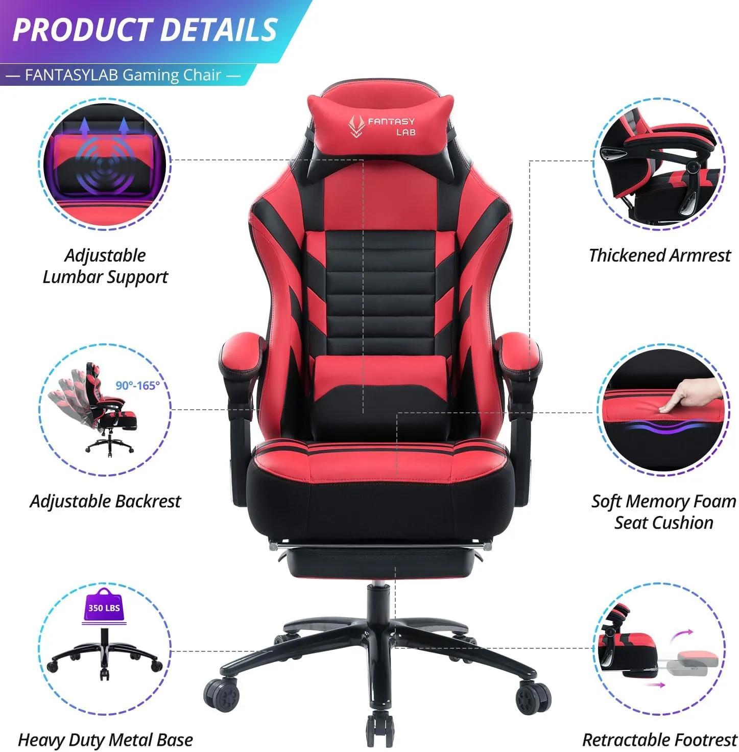 Fantasylab Big and Tall Gaming Chair with Footrest 400lbs Massage Gamer Chair with Memory Foam Adjustable Tilt Back Angle & Armrest, High Back Leather Computer Office Chair