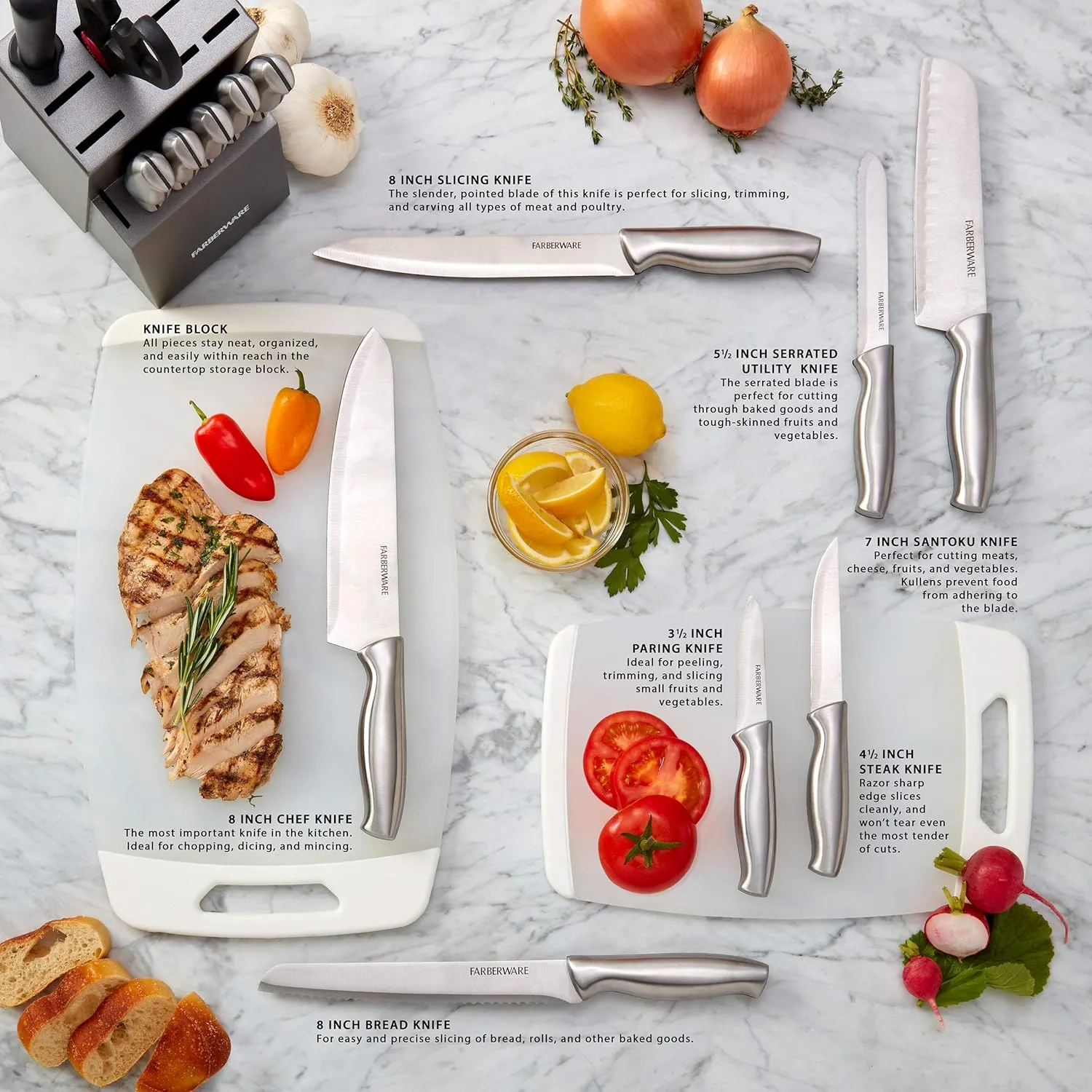 Farberware 15-Piece Stamped Stainless Steel Knife Block Set, High-Carbon Stainless Steel Kitchen Knife Set with Ergonomic Handles, Razor-Sharp Knives with Wood Block, 15-Piece Set, Graphite