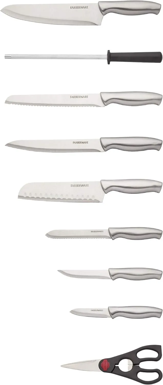 Farberware 15-Piece Stamped Stainless Steel Knife Block Set, High-Carbon Stainless Steel Kitchen Knife Set with Ergonomic Handles, Razor-Sharp Knives with Wood Block, 15-Piece Set, Graphite