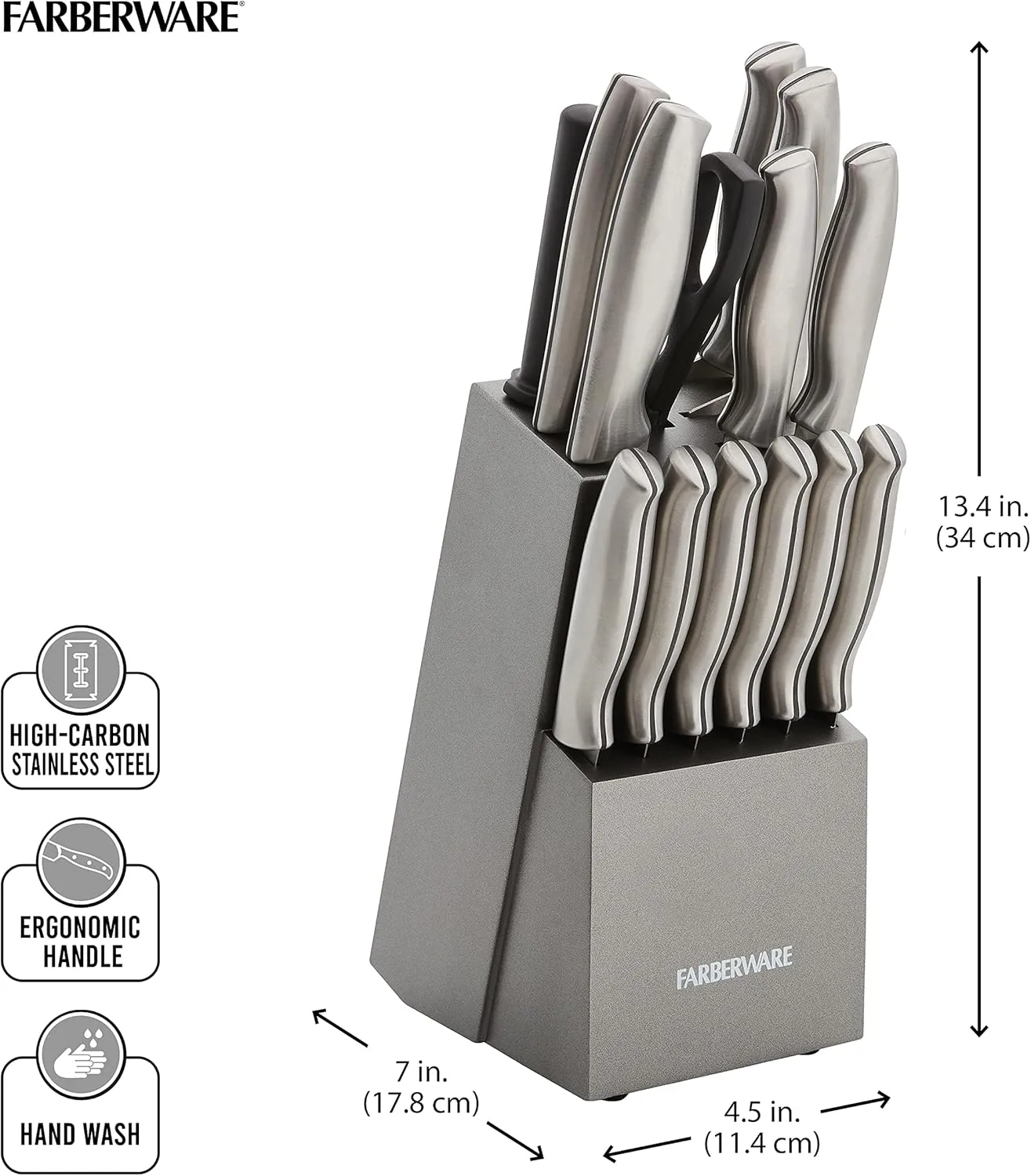 Farberware 15-Piece Stamped Stainless Steel Knife Block Set, High-Carbon Stainless Steel Kitchen Knife Set with Ergonomic Handles, Razor-Sharp Knives with Wood Block, 15-Piece Set, Graphite