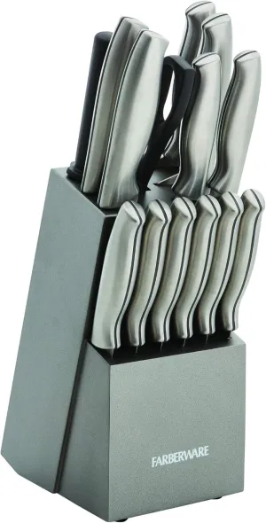 Farberware 15-Piece Stamped Stainless Steel Knife Block Set, High-Carbon Stainless Steel Kitchen Knife Set with Ergonomic Handles, Razor-Sharp Knives with Wood Block, 15-Piece Set, Graphite
