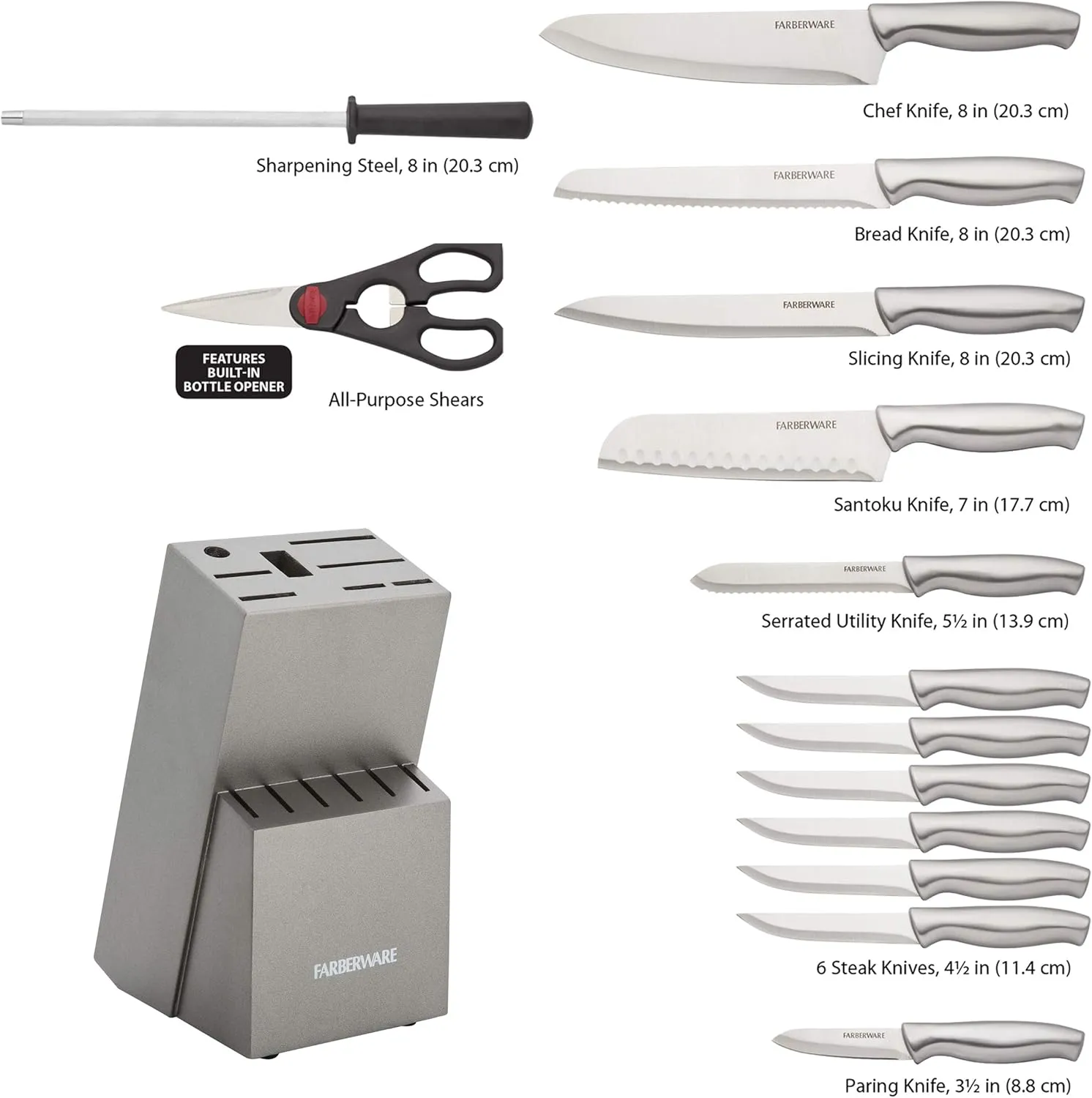 Farberware 15-Piece Stamped Stainless Steel Knife Block Set, High-Carbon Stainless Steel Kitchen Knife Set with Ergonomic Handles, Razor-Sharp Knives with Wood Block, 15-Piece Set, Graphite