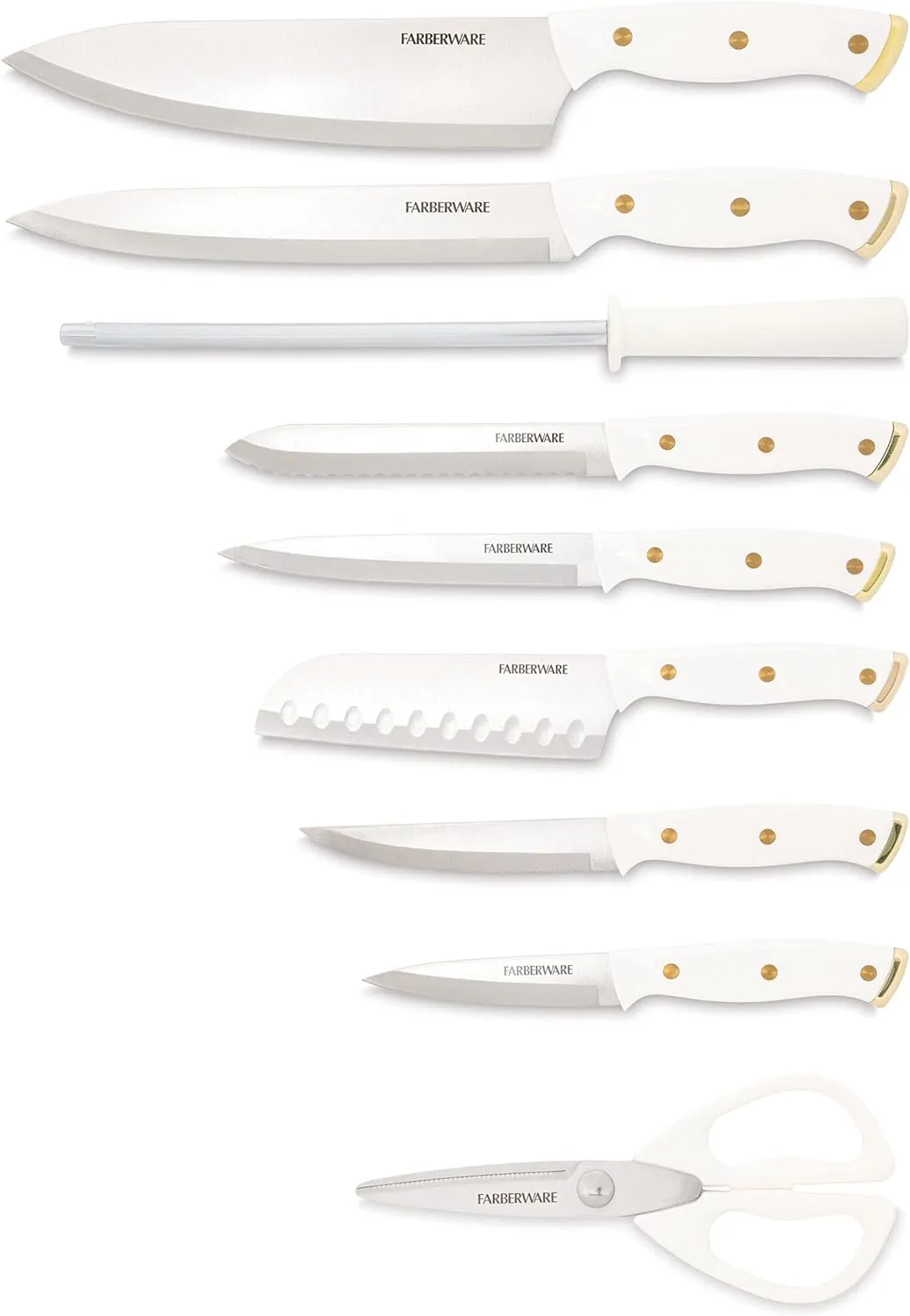 Farberware 15-Piece Triple Riveted Knife Block Set, High Carbon-Stainless Steel Kitchen Knives, Razor-Sharp Knife Set with Wood Block, White and Gold