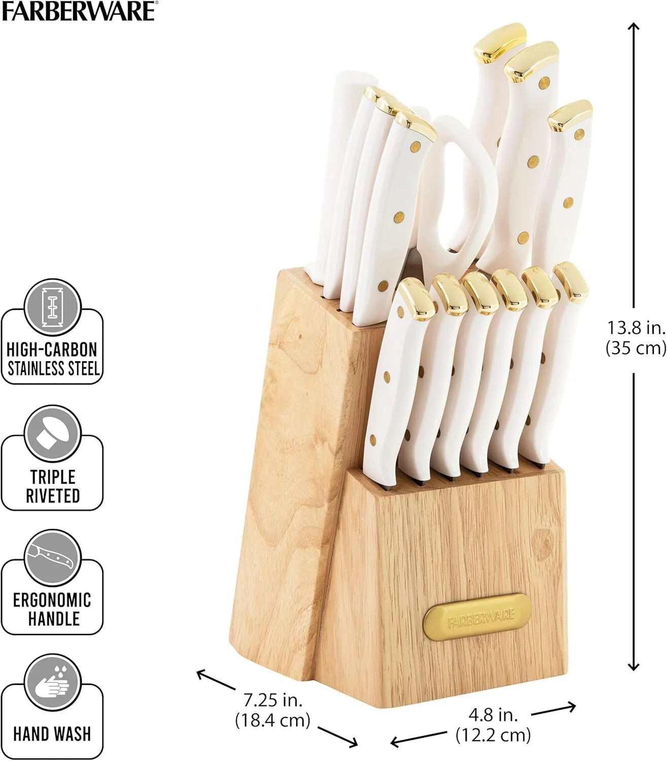 Farberware 15-Piece Triple Riveted Knife Block Set, High Carbon-Stainless Steel Kitchen Knives, Razor-Sharp Knife Set with Wood Block, White and Gold