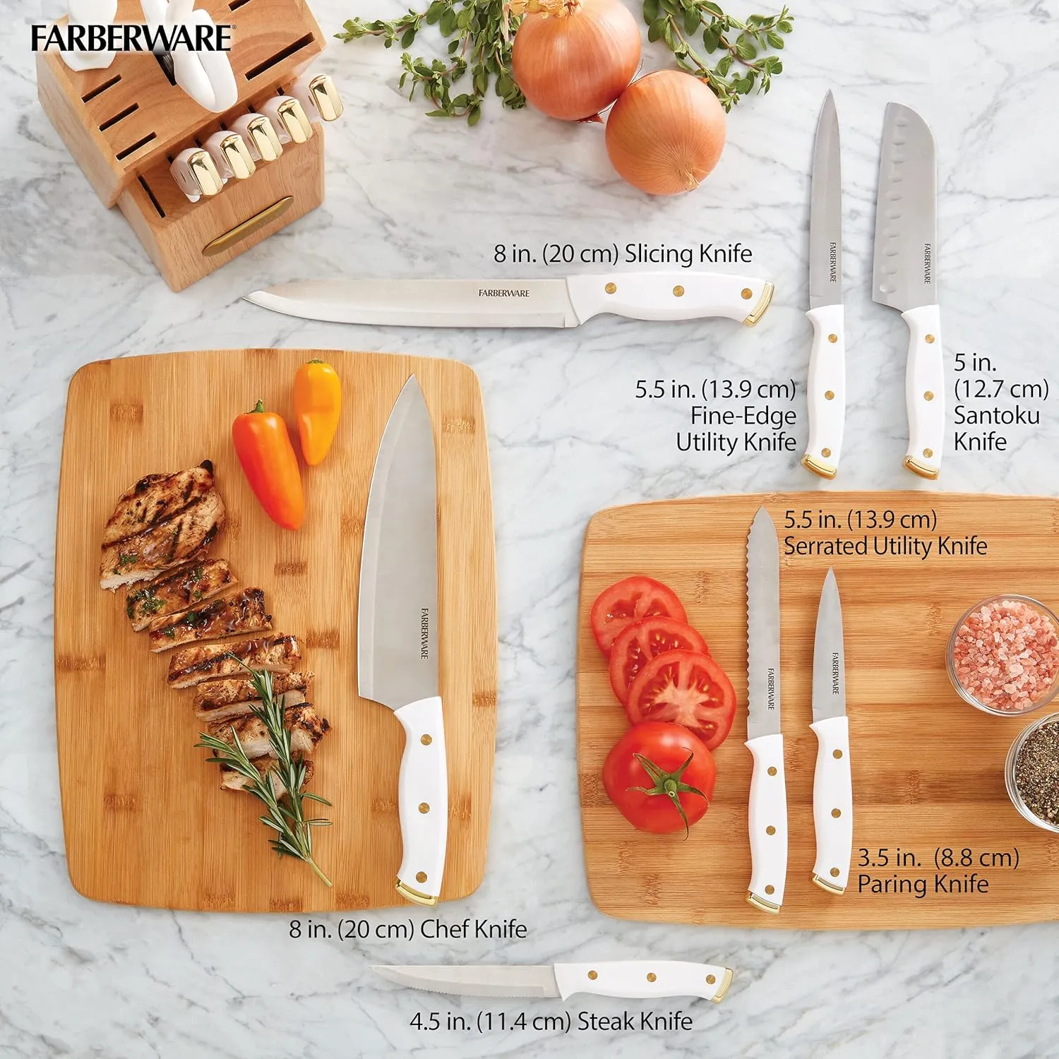 Farberware 15-Piece Triple Riveted Knife Block Set, High Carbon-Stainless Steel Kitchen Knives, Razor-Sharp Knife Set with Wood Block, White and Gold