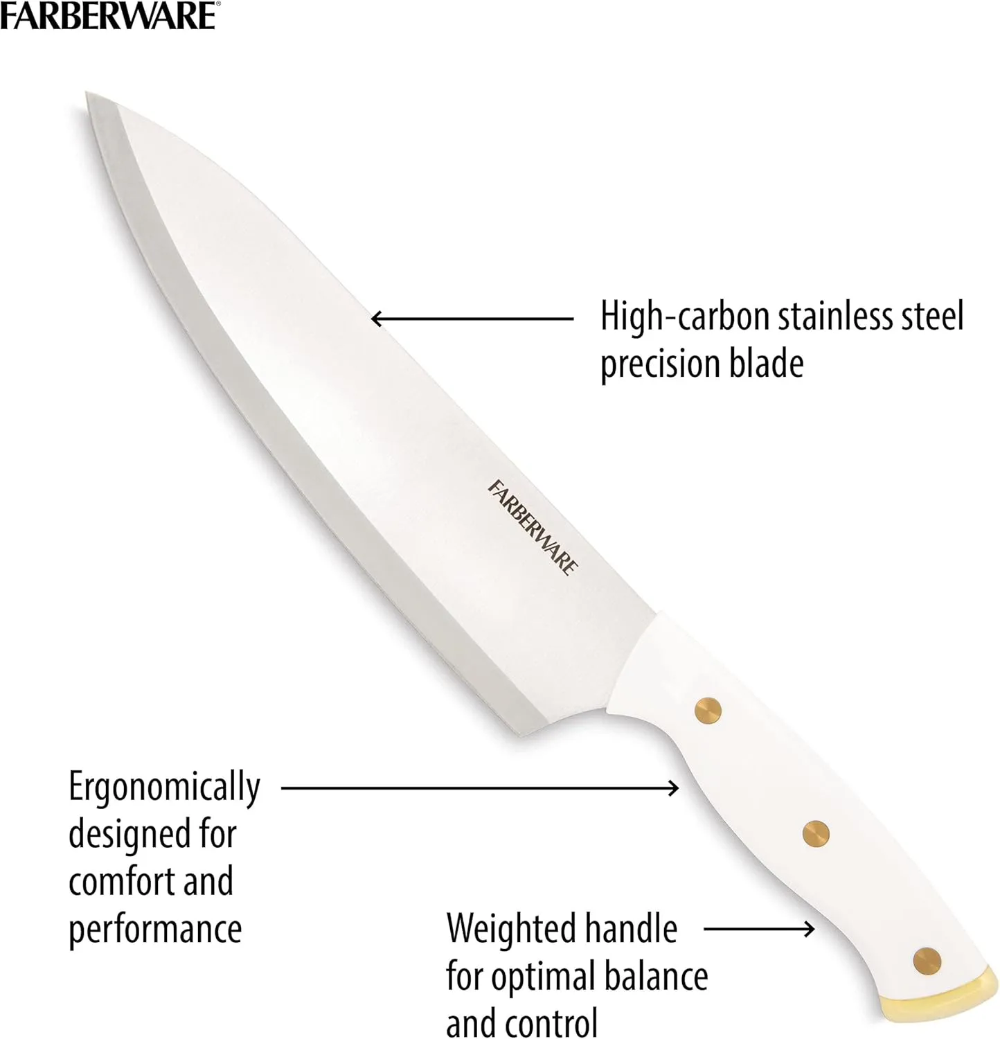 Farberware 15-Piece Triple Riveted Knife Block Set, High Carbon-Stainless Steel Kitchen Knives, Razor-Sharp Knife Set with Wood Block, White and Gold