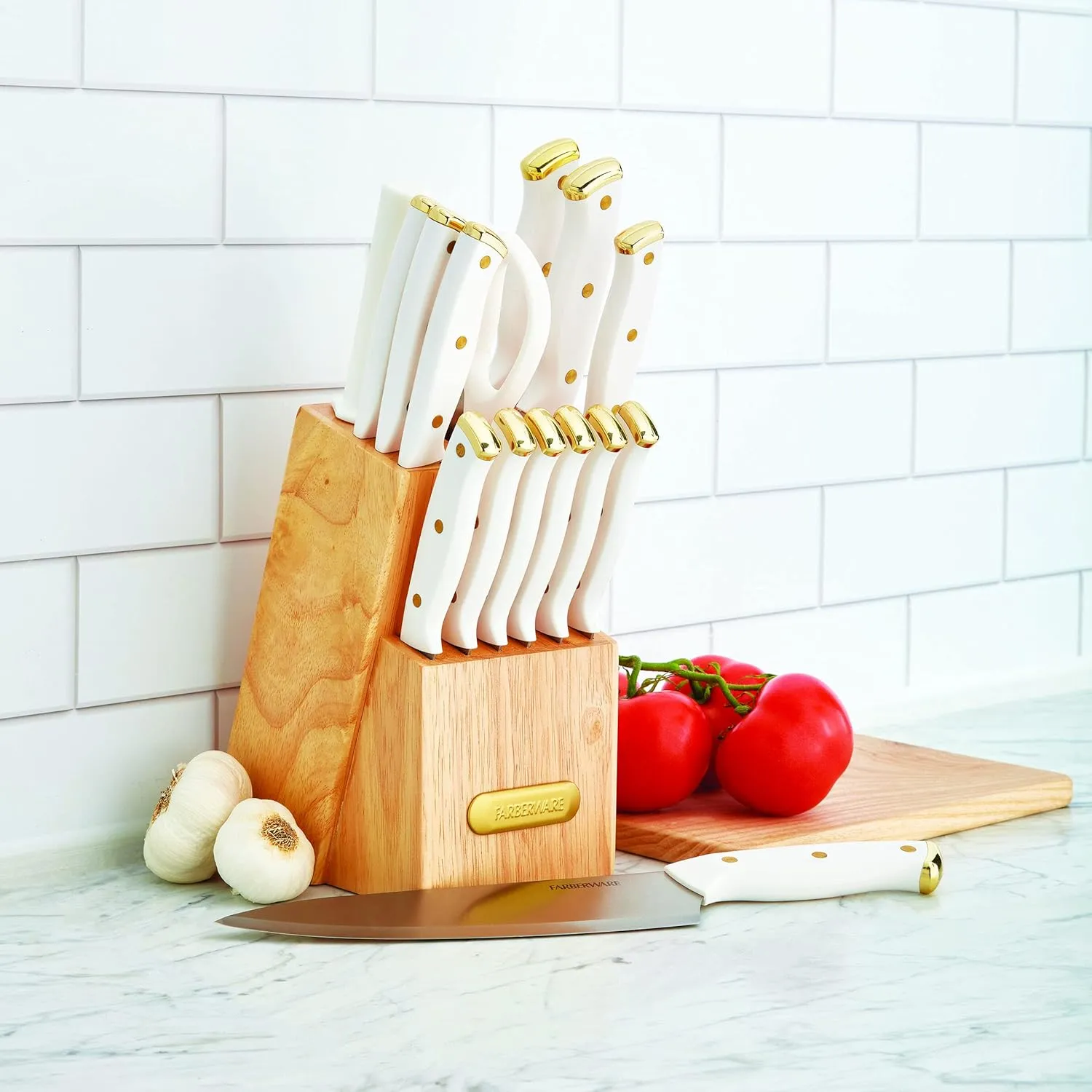 Farberware 15-Piece Triple Riveted Knife Block Set, High Carbon-Stainless Steel Kitchen Knives, Razor-Sharp Knife Set with Wood Block, White and Gold
