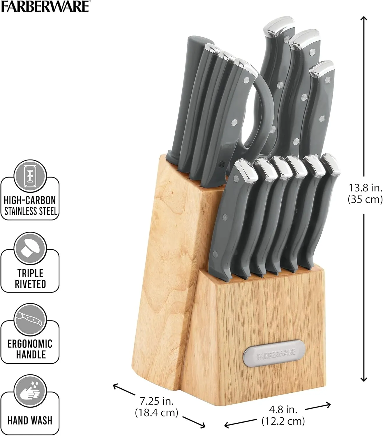 Farberware Triple Riveted Knife Set High-Carbon Stainless Steel Blades, Ergonomic Handles with Silver Accents, Includes Rubber Wood Storage Block, 15-Piece, Gray