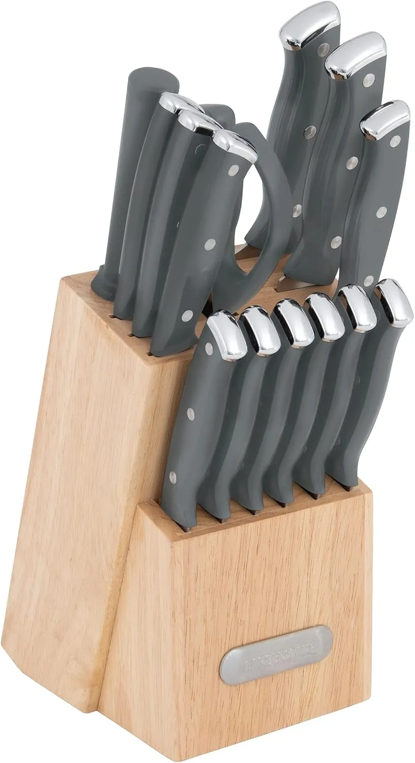 Farberware Triple Riveted Knife Set High-Carbon Stainless Steel Blades, Ergonomic Handles with Silver Accents, Includes Rubber Wood Storage Block, 15-Piece, Gray