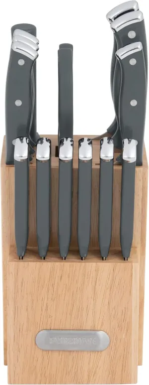 Farberware Triple Riveted Knife Set High-Carbon Stainless Steel Blades, Ergonomic Handles with Silver Accents, Includes Rubber Wood Storage Block, 15-Piece, Gray