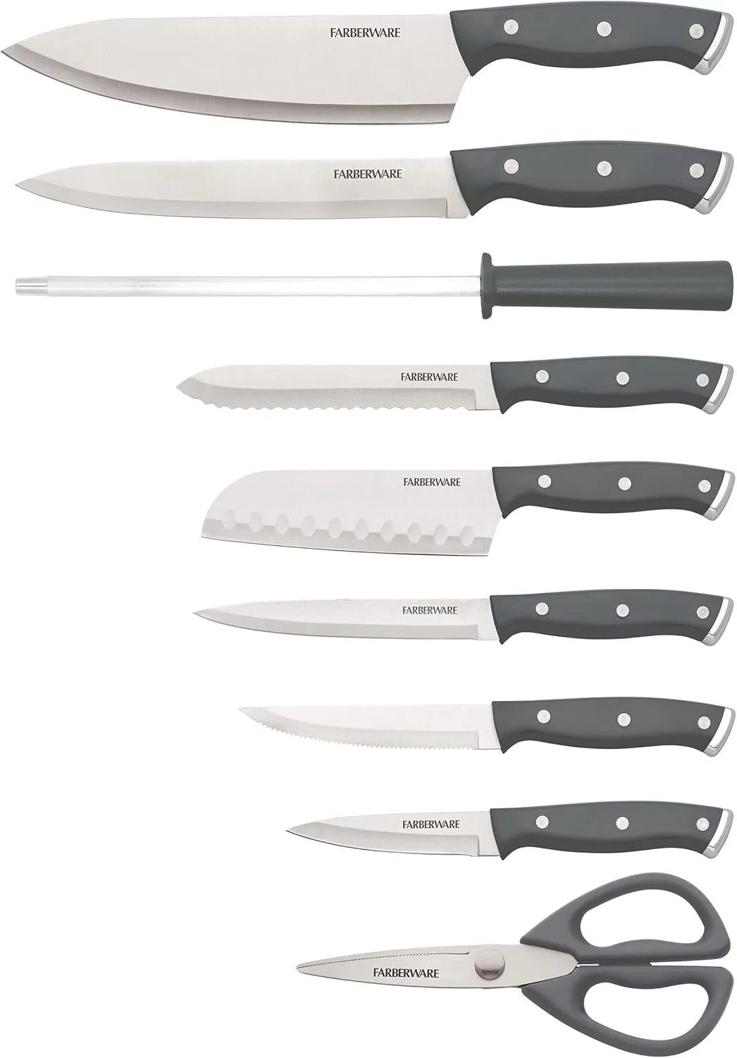 Farberware Triple Riveted Knife Set High-Carbon Stainless Steel Blades, Ergonomic Handles with Silver Accents, Includes Rubber Wood Storage Block, 15-Piece, Gray