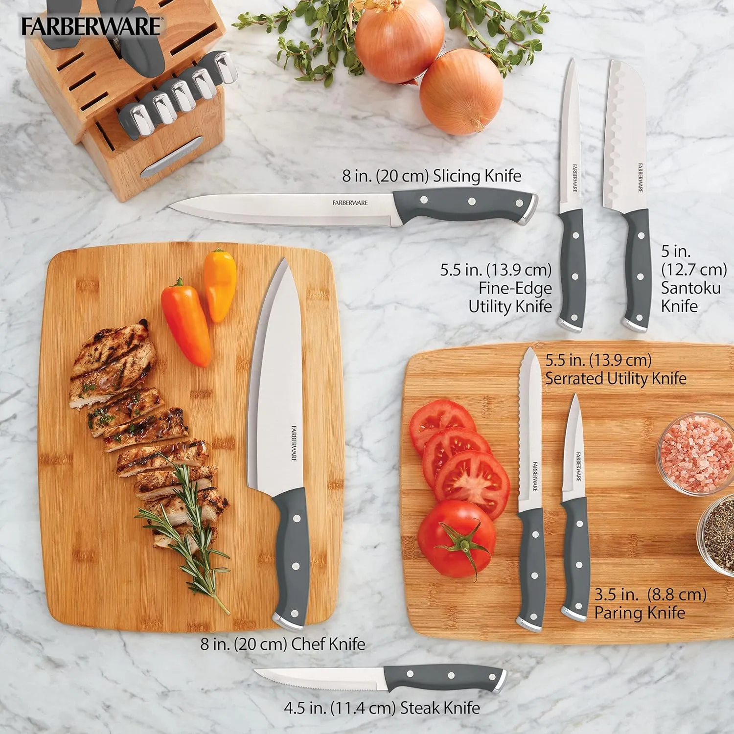 Farberware Triple Riveted Knife Set High-Carbon Stainless Steel Blades, Ergonomic Handles with Silver Accents, Includes Rubber Wood Storage Block, 15-Piece, Gray