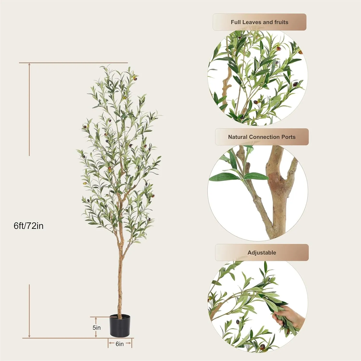 Faux Olive Tree 6ft，Olive Trees Artificial Indoor with Natural Wood Trunk and Realistic Leaves and Fruits. 6 Feet(72in) Fake Olive Tree for Home House Office Décor.