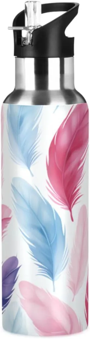 Feather Art Repeating Pattern Sport Water Bottle Insulated Stainless Steel Large Vacuum Flask Leak Proof Thermos with Straw for Travel(600ml/1000ml)