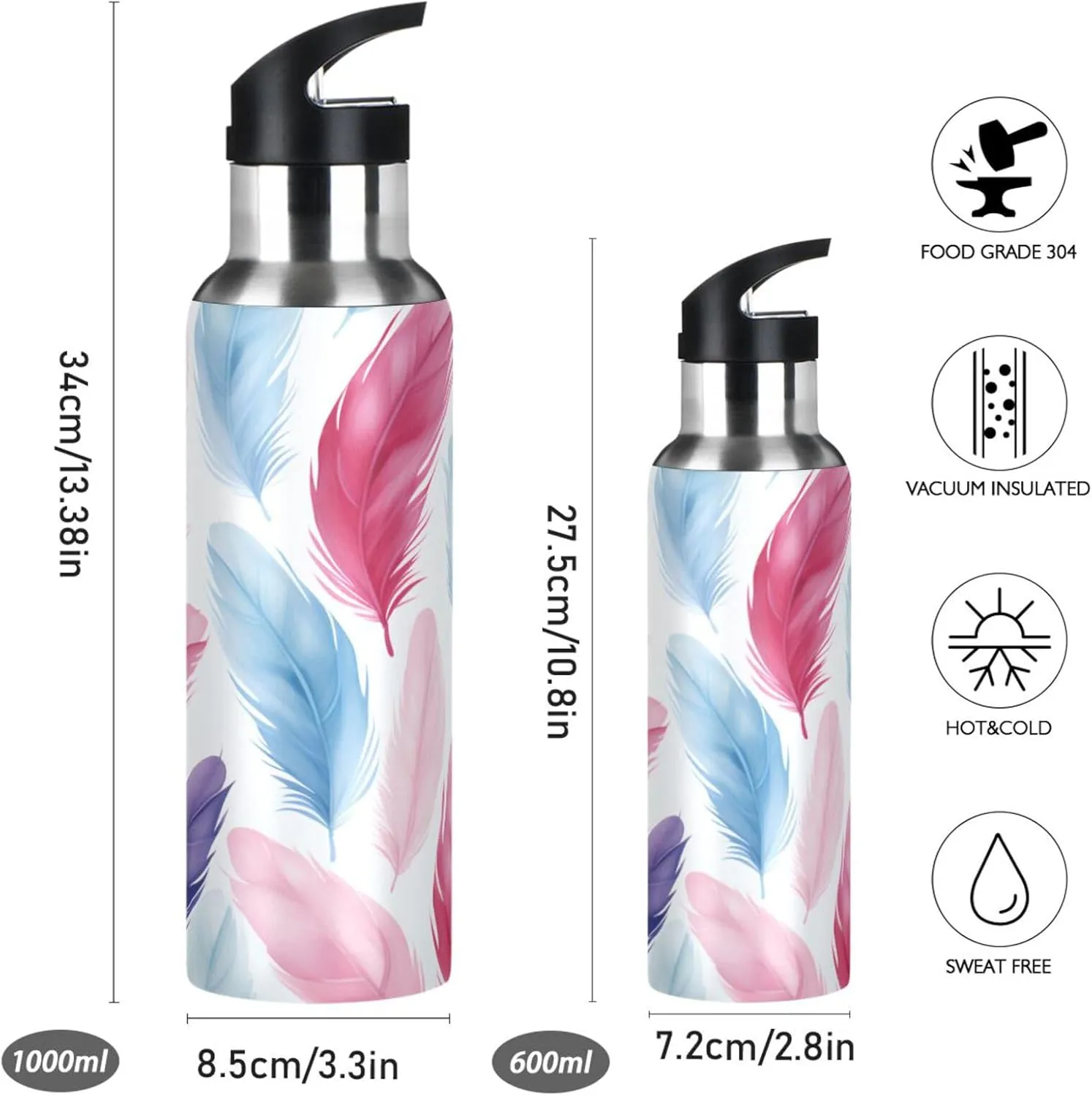 Feather Art Repeating Pattern Sport Water Bottle Insulated Stainless Steel Large Vacuum Flask Leak Proof Thermos with Straw for Travel(600ml/1000ml)