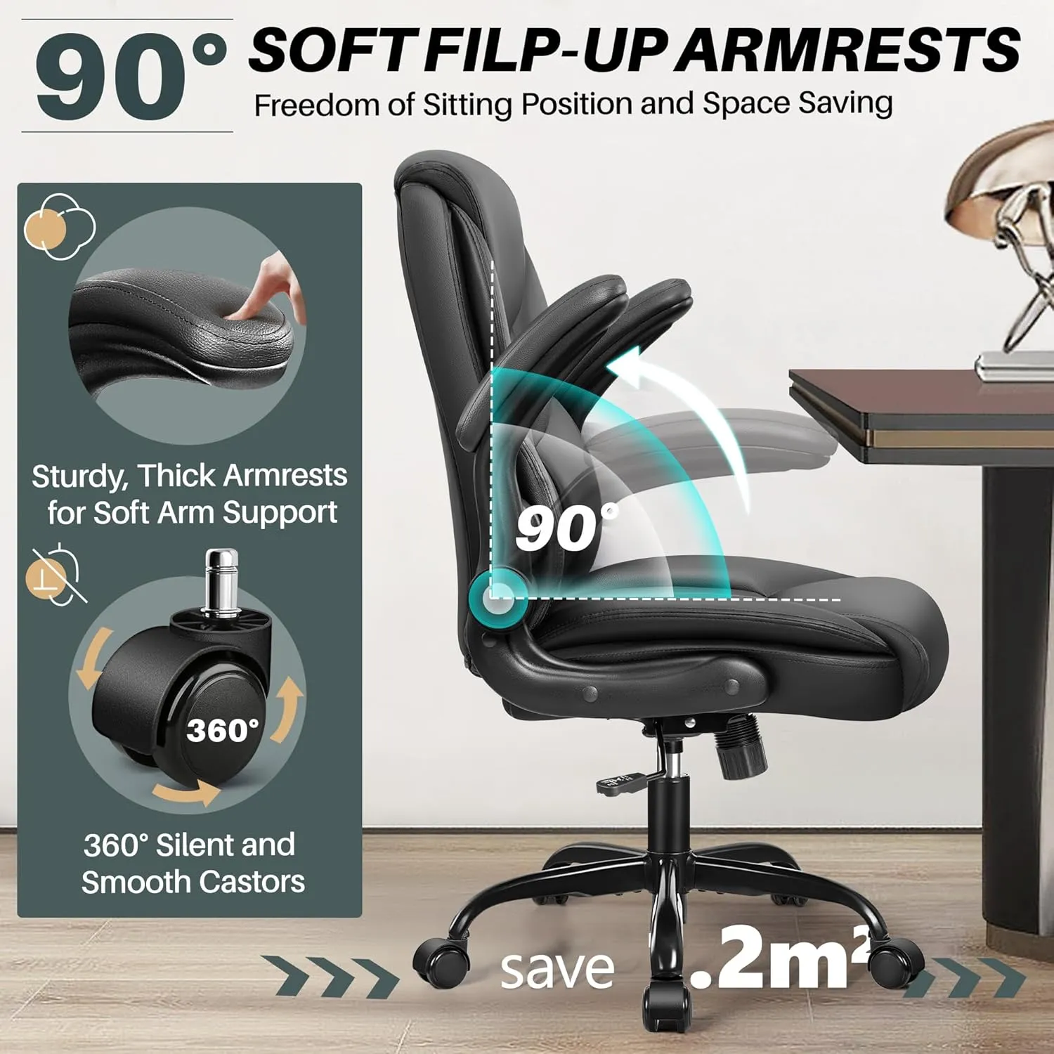 FelixKing Leather Office Chair - Small PU Ergonomic Desk Chair, Comfy Computer Chair with Wheels and Flip-up Armrests, Adjustable Height Mid Back Executive Office Chair for Short People-Black