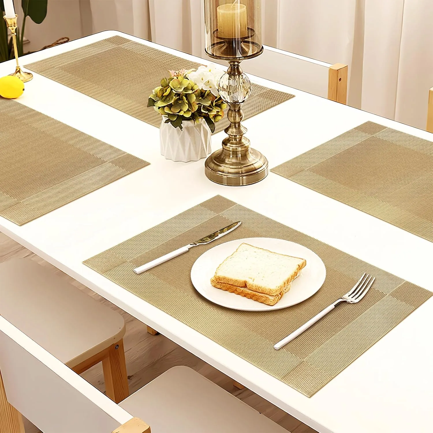 FGSAEOR Placemats Set of 6, Place Mats for Kitchen Dining Table, Heat-Resistant Anti-Skid Stain Washable PVC Table Mats, Easy to Cleaning Woven Vinyl Dinner Mats, Gold