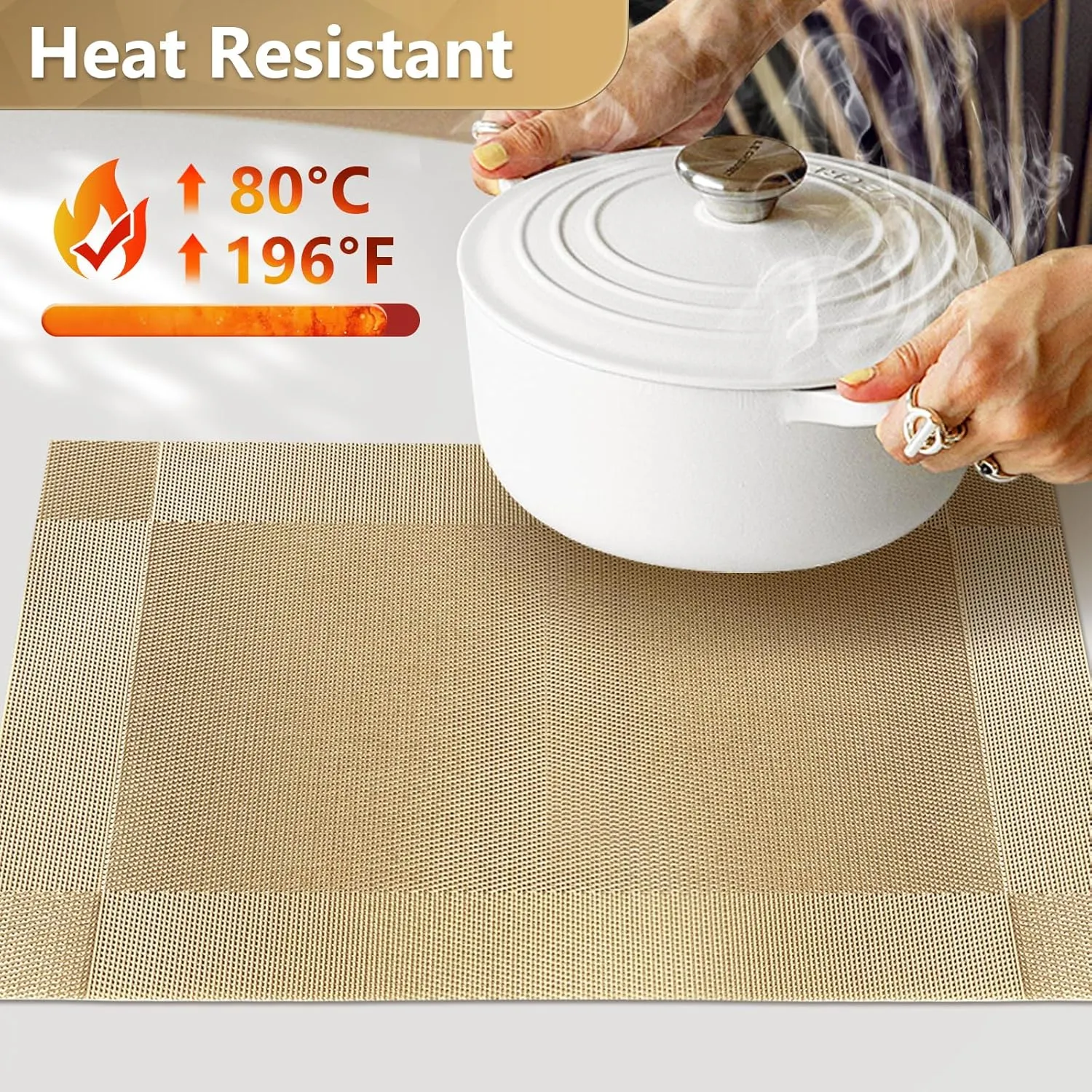 FGSAEOR Placemats Set of 6, Place Mats for Kitchen Dining Table, Heat-Resistant Anti-Skid Stain Washable PVC Table Mats, Easy to Cleaning Woven Vinyl Dinner Mats, Gold